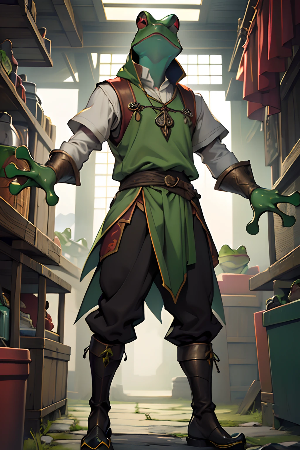 beste-Qualit, tmasterpiece, extra high resolution, Detailed, realisti, 独奏, In the background is a medieval fantasy city, (Frog Arms:1.5), stands, (Humanoid frog red in color:1.4), Furry Frog, Frog erectus, Grung, fantasy, Small size, green skin, in full height, Resident's clothes, fantasy, Clothes of a medieval city dweller, (Fantasy Villager Clothing:1.2), D&D, Horror \(subject\), Dark Fantasy, Depth of field, non-human,(Ultra-detailed:1.3), Finely detailed, Ultra-detailed, (dynamicpose:1.0),(centered, scale to fit the dimensions, the rule of thirds), hight resolution, sharp-focus,(Ultra Detailed, Extremely detailed),(Photorealistic works of art:1.37),(чрезвычайно детализированные CG Unity 8k ),(((bright colours, A striking theme))),(Intricate),(Masterpiece),(Best Quality).