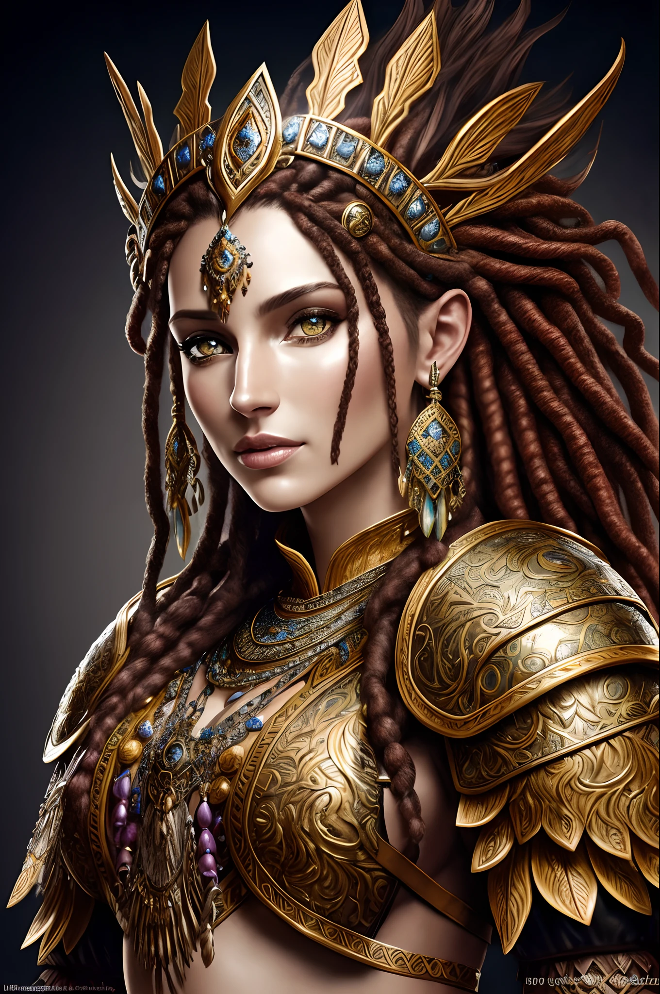 fantasy shaman, beautiful hungarian|indonesian woman, with dreadlocks, wearing ornate intricately decorated leather armor, realistic render, Dungeons and Dragons, Fantasy, octane render, zbrush. Character design, photorealistic, unreal engine, hyper-detailed, concept art, trending on art station. ((best quality)), ((masterpiece)), ((realistic)), (detailed), close up portrait, full body portrait, hazel eyes, wearing leather armor, highly detailed skin and hair, looking at the viewer, Fantasy art, stunning gradient colors, no watermark signature, closed mouth, detailed background, lush jungle, closed mouth, insanely detailed, ((masterpiece)), absurdres, HDR.