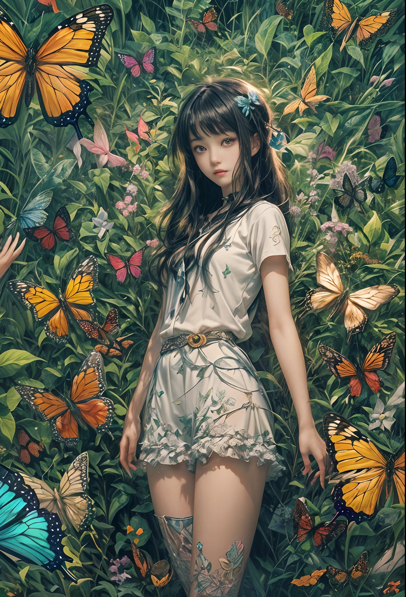 masterpiece, concept art, medium shot, centered, a girl standing in front of a wall of butterfly's, insectarium, cyberpunk art, by Torii Kiyomasu, girl with black hair, james jean style, many eyes on head, official anime still, anime visual of a young girl, chiaki nanami, epic album art cover, atlus, 2 0 2 0 s promotional art, (epic composition, epic proportion), HD