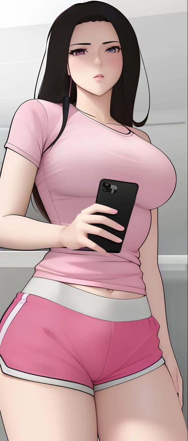 a cartoon picture of a woman in a pink shirt and pink shorts, oppai, she is holding a smartphone, revealing clothes, (sfw) safe for work, anya from spy x family, checking her phone, touching her clothes, upper body close up, biomechanical oppai, realistic shaded perfect body, cell shaded adult animation, perfectly shaded body