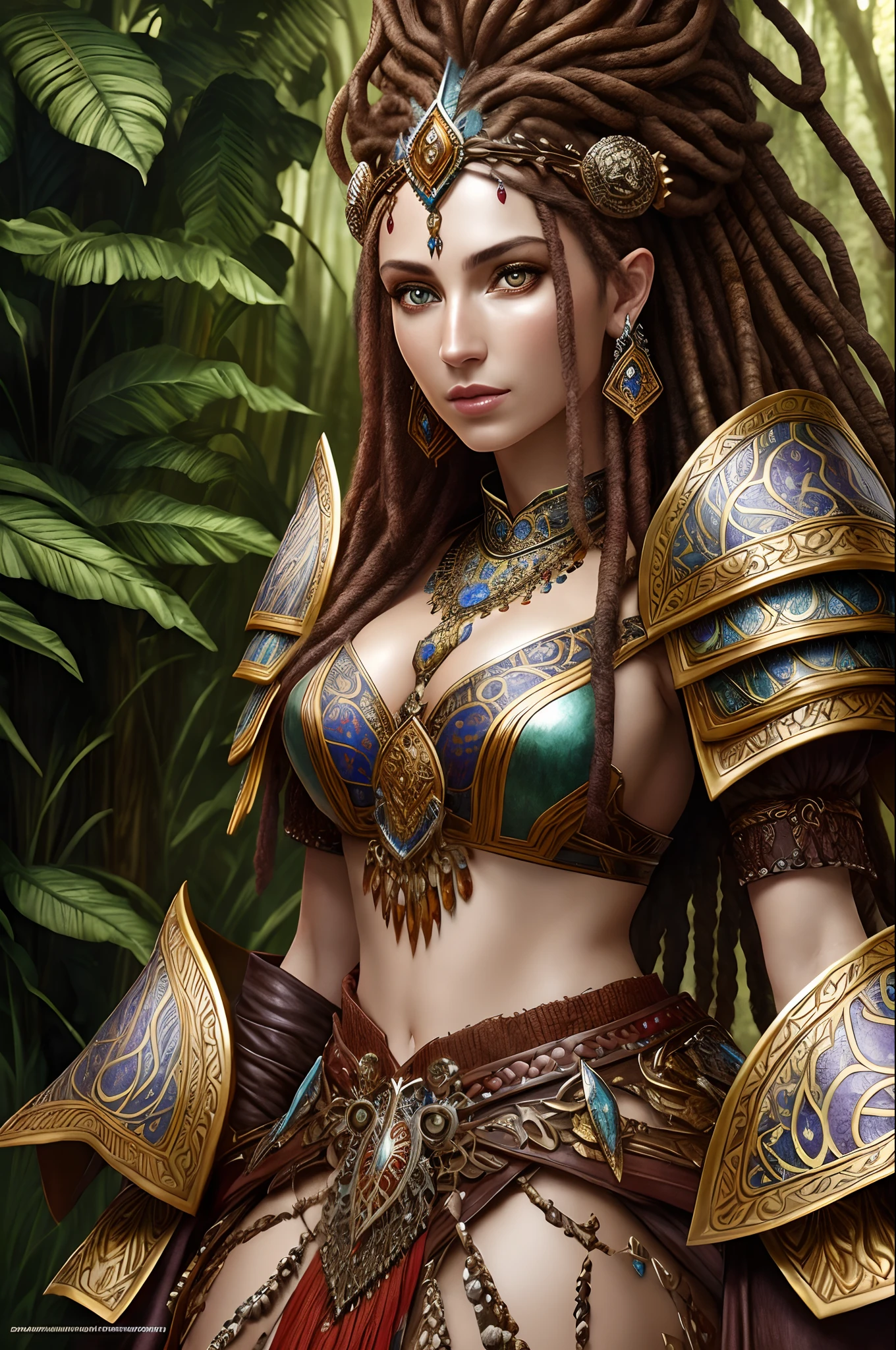 fantasy shaman, beautiful hungarian|indonesian woman, with dreadlocks, wearing ornate intricately decorated leather armor, realistic render, Dungeons and Dragons, Fantasy, octane render, zbrush. Character design, photorealistic, unreal engine, hyper-detailed, concept art, trending on art station. ((best quality)), ((masterpiece)), ((realistic)), (detailed), close up portrait, full body portrait, hazel eyes, wearing leather armor, highly detailed skin and hair, looking at the viewer, Fantasy art, stunning gradient colors, no watermark signature, closed mouth, detailed background, lush jungle, closed mouth, insanely detailed, ((masterpiece)), absurdres, HDR.