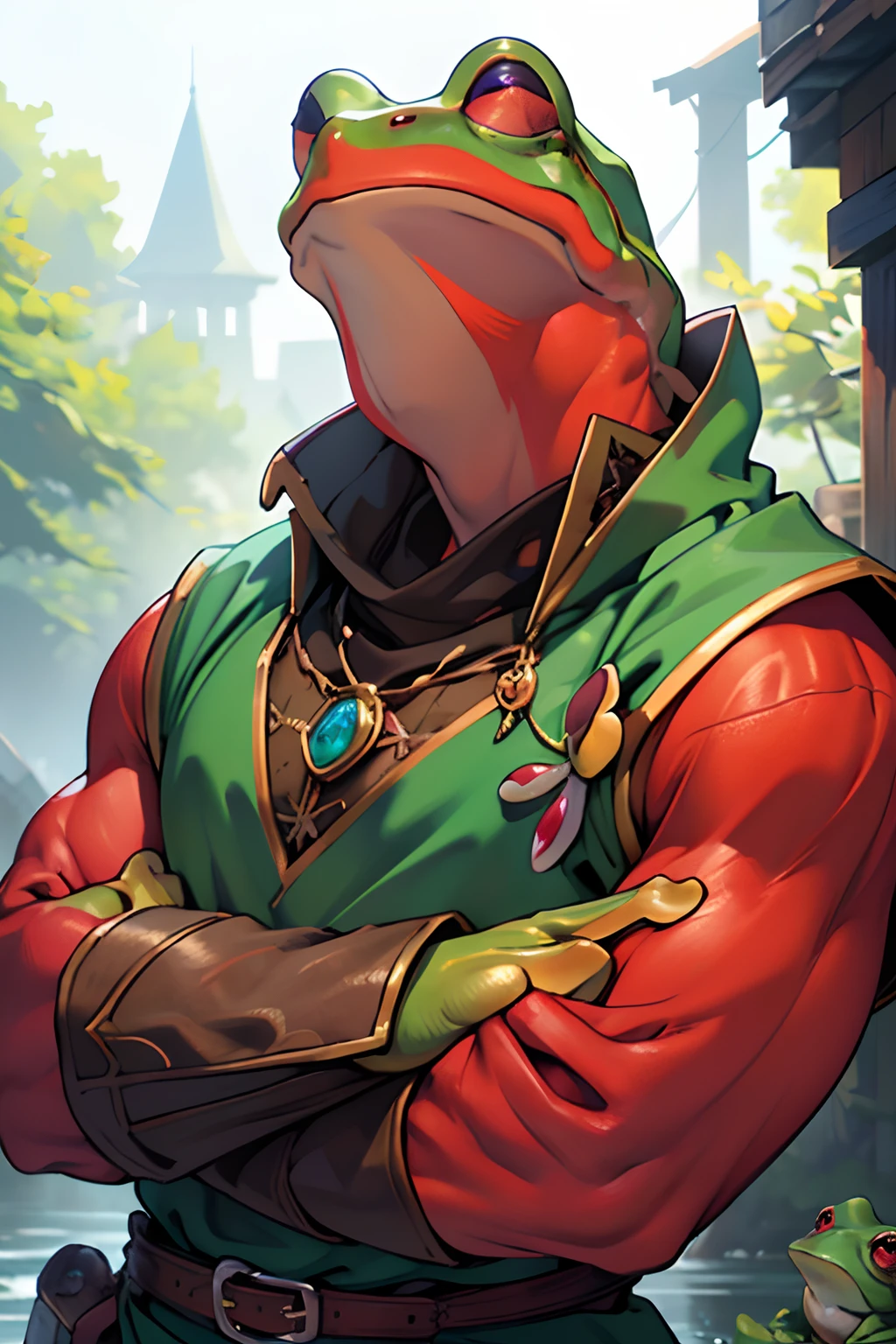 beste-Qualit, tmasterpiece, extra high resolution, Detailed, realisti, 独奏, In the background is a medieval fantasy city, (Frog Arms:1.5), stands, (Humanoid frog:1.4),(Red Skin:1.4) Furry Frog, Frog erectus, Grung, fantasy, Small size, green skin, in full height, Resident's clothes, fantasy, Clothes of a medieval city dweller, (Fantasy Villager Clothing:1.2), D&D, Horror \(subject\), Dark Fantasy, Depth of field, non-human,(Ultra-detailed:1.3), Finely detailed, Ultra-detailed, (dynamicpose:1.0),(centered, scale to fit the dimensions, the rule of thirds), hight resolution, sharp-focus,(Ultra Detailed, Extremely detailed),(Photorealistic works of art:1.37),(чрезвычайно детализированные CG Unity 8k ),(((bright colours, A striking theme))),(Intricate),(Masterpiece),(Best Quality).
