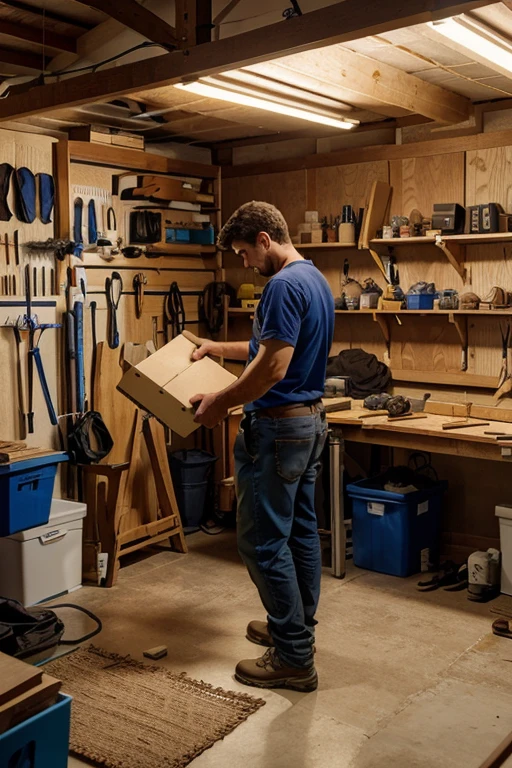 A man assembling a wardrobe in a carpentry shop, junto a el hay una caja de herramientas, Es una imagen muy realista. The photo is taken so that you can't see his face, it's very realistic --AR 16:9 --V 5.1