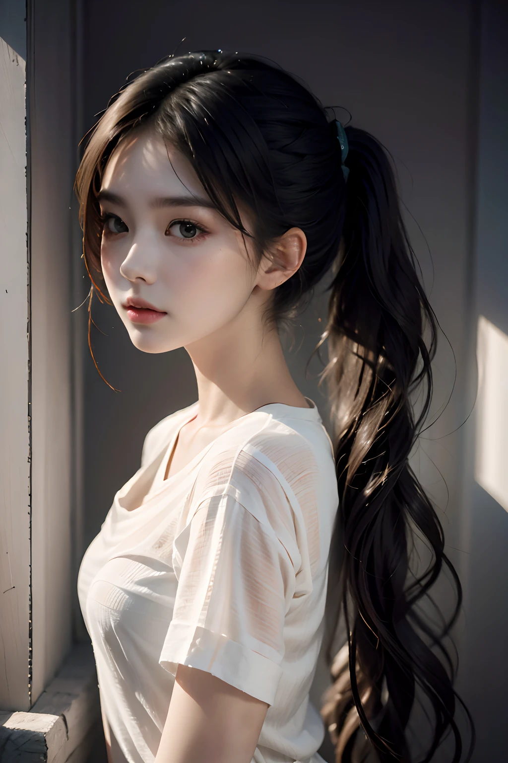 high detail, Verism, chiaroscuro, drop shadow, 1 girl , long pony tail, beautiful detailed face, beautiful eyes, half body shot, white shirt,