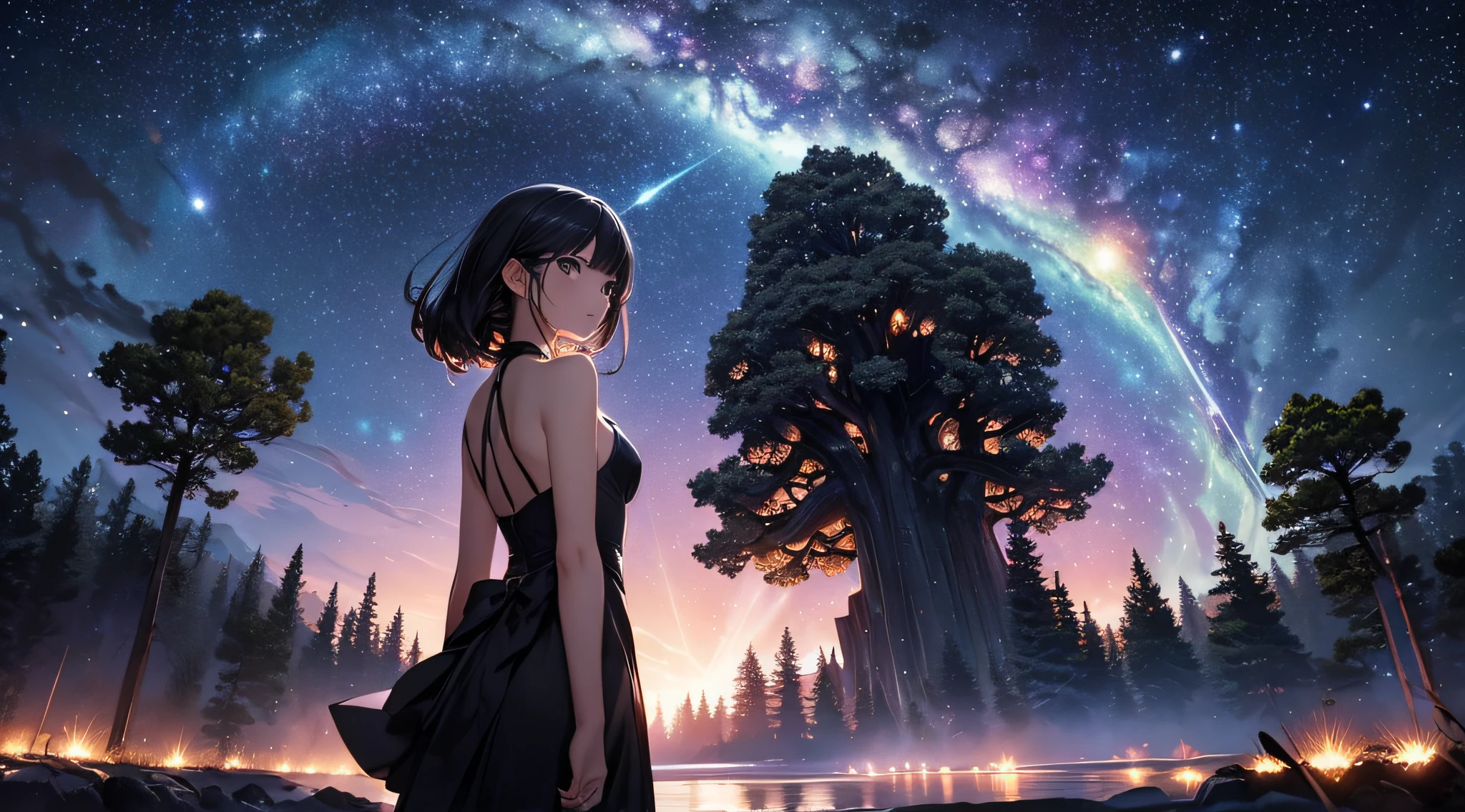 ​masterpiece、Background with((Fantastic starry sky、meteors、black hole))、Depth((Giant Tree、Fantastic、Luminescent、城市))、a beauty girl、onepiece、Rear view