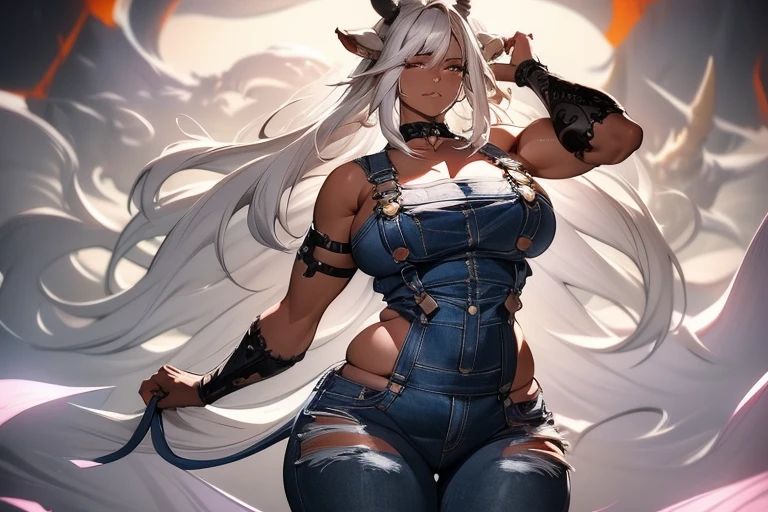 8k_wallpaper, extremely detailed eyes, extremely detailed body, (large masterpiece digital art), (detailed manga illustration), (detailed line art), ((perfect anatomy)), (intricate details:1.3), (ultra-detailed:1.3), (illustration:1.3), (sharp focus:1.3), (natural lighting:1.05), (vivid colors:1.3), (masterpiece), (best quality:1.4), (perfect anatomy:1.4), high quality, expressive eyes, full body, tall girl, detailed face, beautiful face, perfect face, detailed ((white hair)), (black hair), multicolored hair, (pink eyes), {{{dark skin}}}, ({dark skinned female}), cow girl, gigantic breasts, thick thighs, very long hair, bare shoulders, denim, (blue overalls), overalls, dynamic lighting, cow print, high resolution, 4k resolution, dynamic pose, silver jewelry, {fantasy farm background}, choker, (cow ears), {{cow tail}}, (tail), ((streaked hair)), wide hips, thigh-highs, horns, {cow horns}, animal ears, skin dentation, curvy, plump,