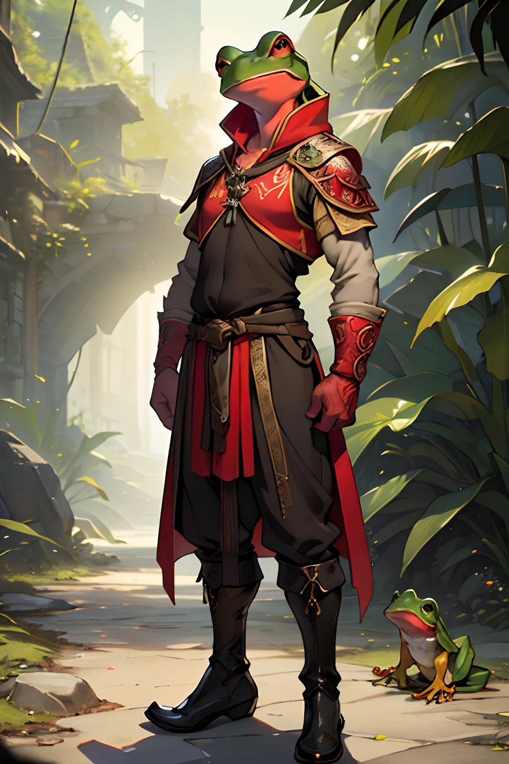 beste-Qualit, tmasterpiece, extra high resolution, Detailed, realisti, 独奏, In the background is a medieval fantasy city, (Frog Arms:1.5), stands, (Humanoid frog:1.4),(Red Skin:1.6) Furry Frog, Frog erectus, Grung, fantasy, Small size, green skin, in full height, Resident's clothes, fantasy, Clothes of a medieval city dweller, (Fantasy Villager Clothing:1.2), D&D, Horror \(subject\), Dark Fantasy, Depth of field, non-human,(Ultra-detailed:1.3), Finely detailed, Ultra-detailed, (dynamicpose:1.0),(centered, scale to fit the dimensions, the rule of thirds), hight resolution, sharp-focus,(Ultra Detailed, Extremely detailed),(Photorealistic works of art:1.37),(чрезвычайно детализированные CG Unity 8k ),(((bright colours, A striking theme))),(Intricate),(Masterpiece),(Best Quality).