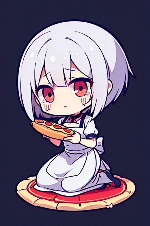 High Definition Pizza Chef Women Silver Hair Short Bob Tired Kneeling Crying Dropping Pizza