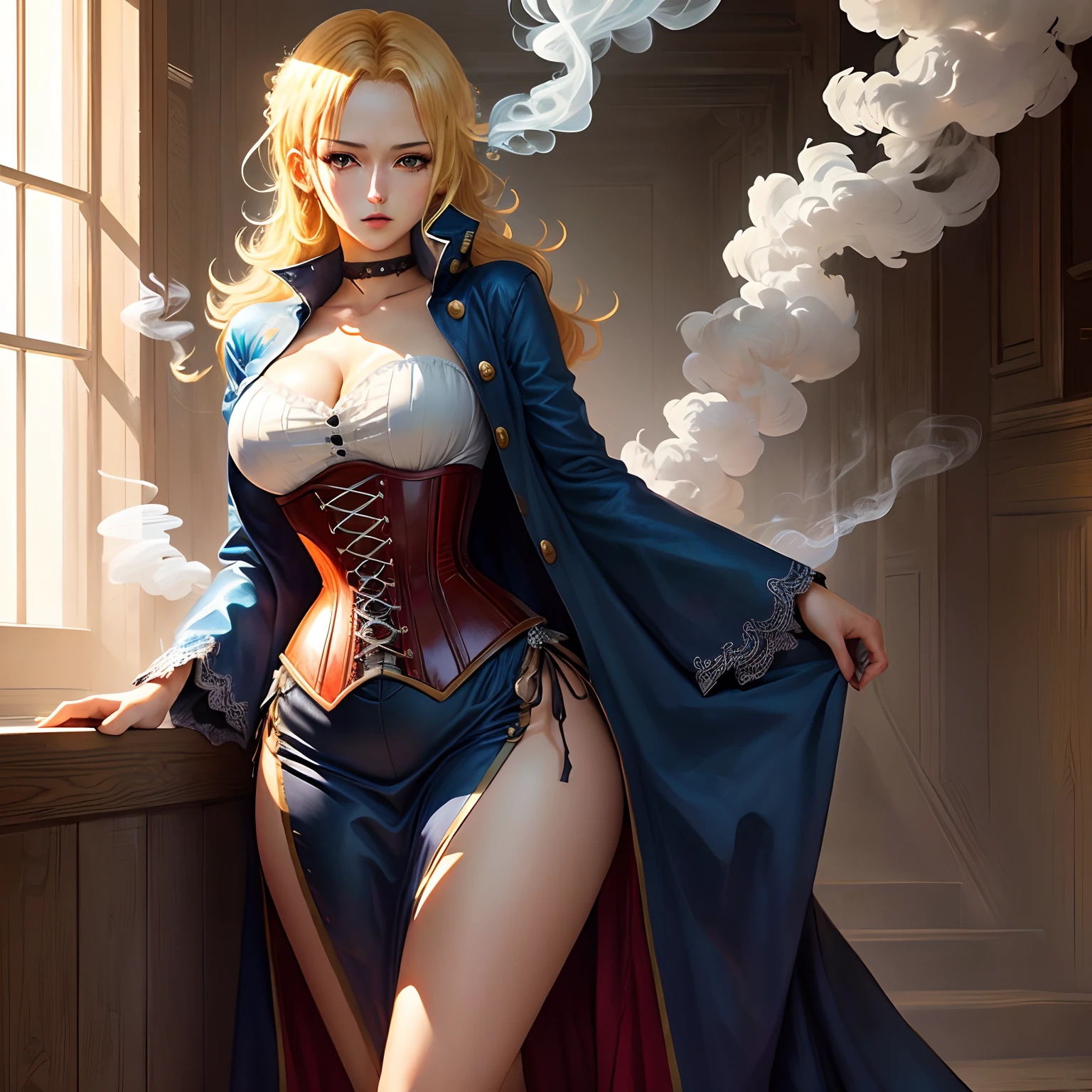 One piece manga style, female character, sheet fullbody,smoking, western dress and hot with corset and hair covering an eye