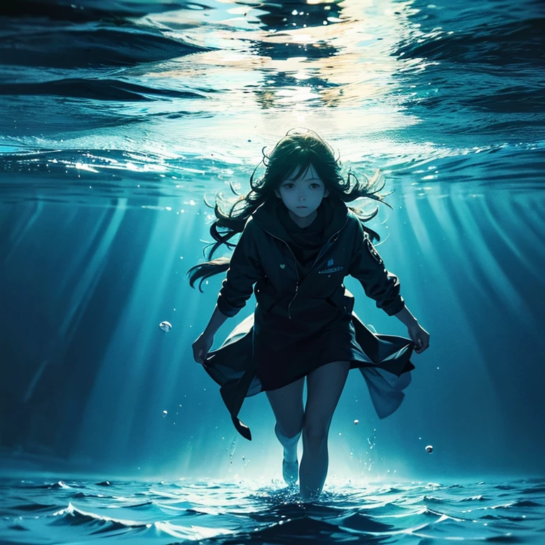 Dark underwater、Looking up at the surface of the sea flooded with light、One-person viewpoint、