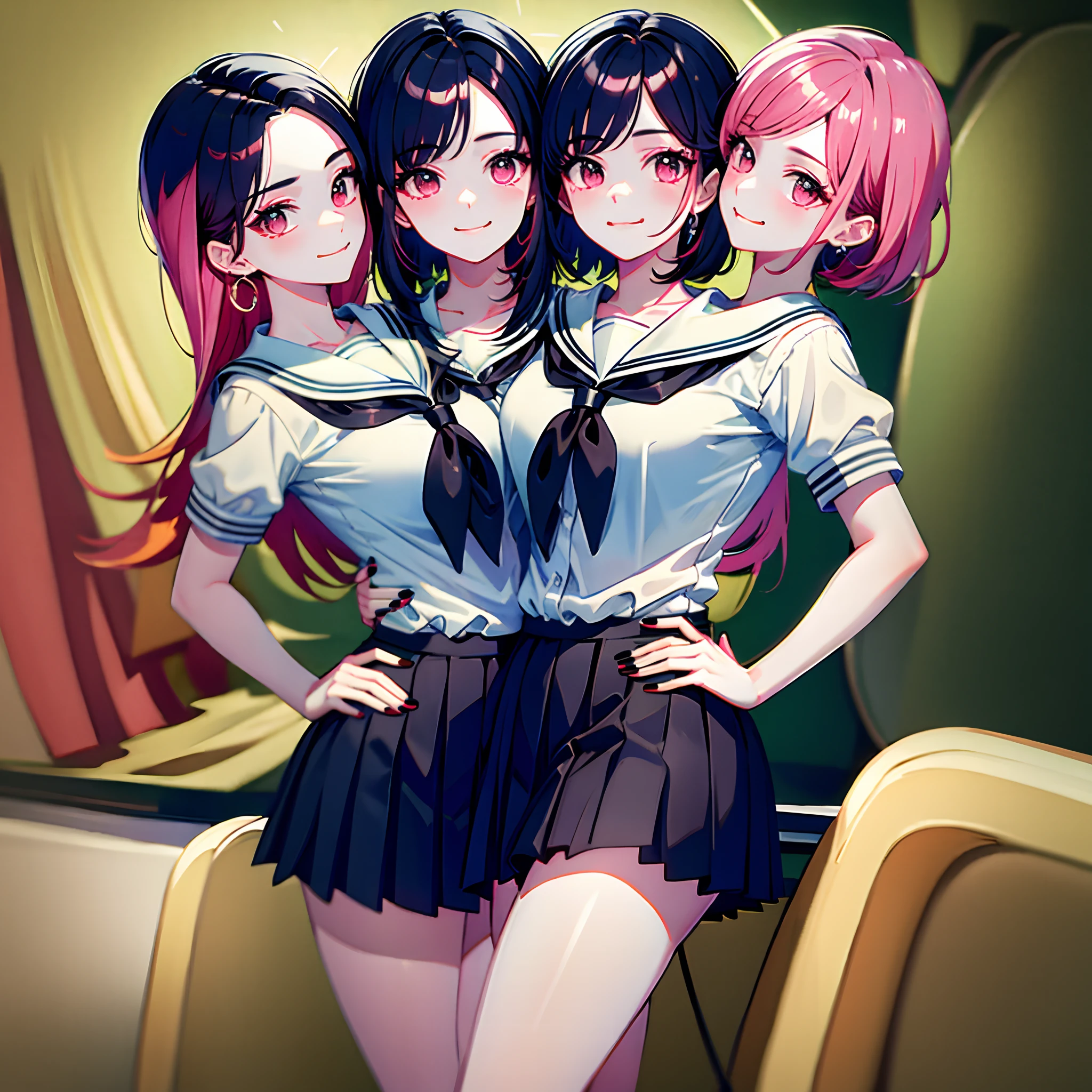 (masterpiece, best quality), best resolution, (3heads:1.5), dynamic angle, (masterpiece, best quality), best resolution, (3heads:1.5), dynamic angle, schoolgirl, school uniform, pink hair, black hair, black nails, smug, hands on hips