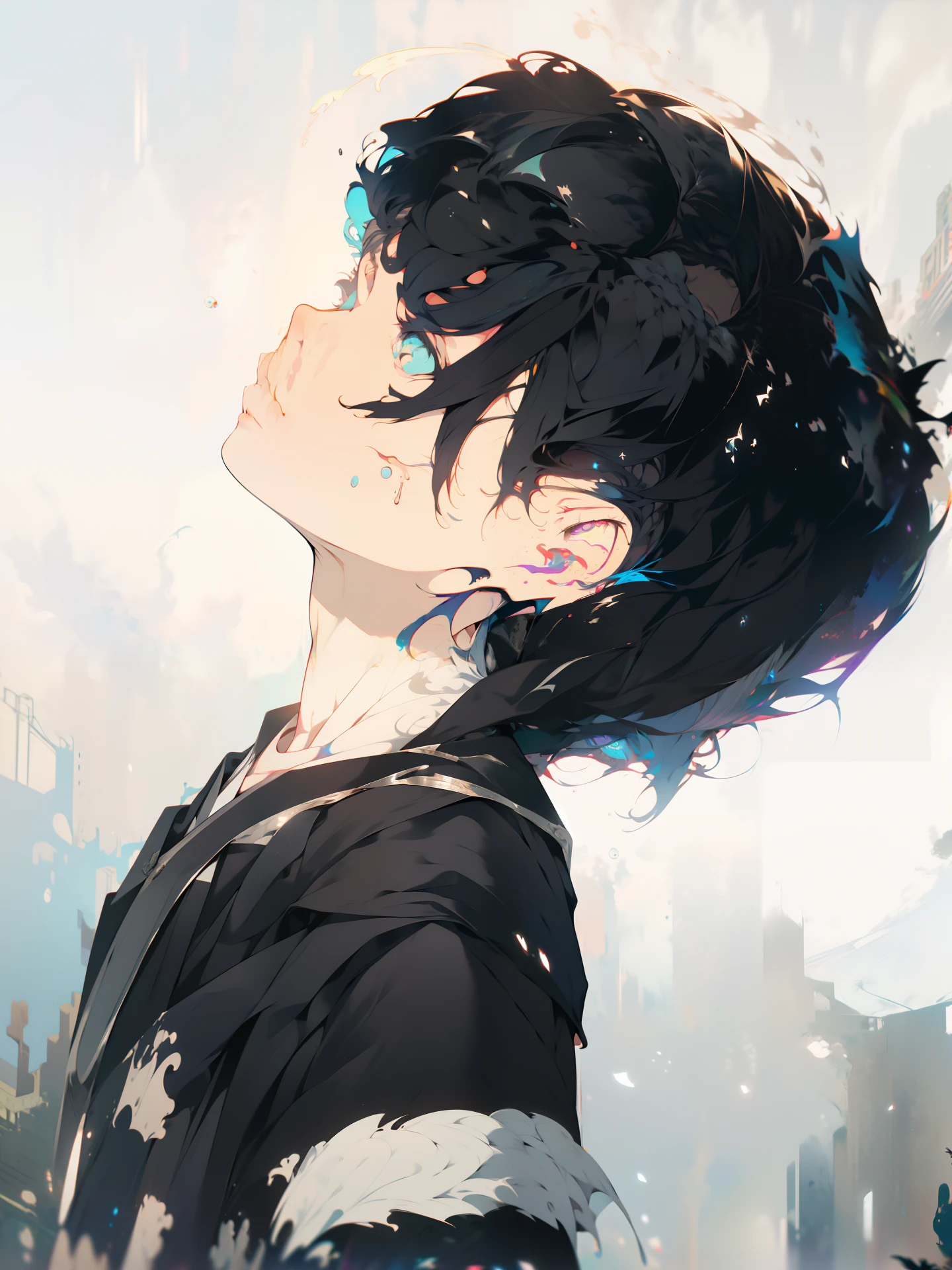 Cyberpunk male, fantasy world, dark background, clean design, epic instagram, artstation, colorful paint splatter, silhouette, hyper detailed intricate details, unreal engine, fantasy, intricate details, splash screen, complementary colors, Fantasy concept art, 8k resolution, deviantart masterpiece, oil painting, heavy strokes, paint dripping, (isolated on white background: 1.3), rainbow skin, (((handsome young man))), ((age:1.5) ), (glowing blue eyes), ((light eyes)), ((((short white hair: 1.1))), ((clothes)), (prince\\(indifferent expression\\),, ( ((Wears high detail luxurious black robe))), white hair, (chest) --v 6