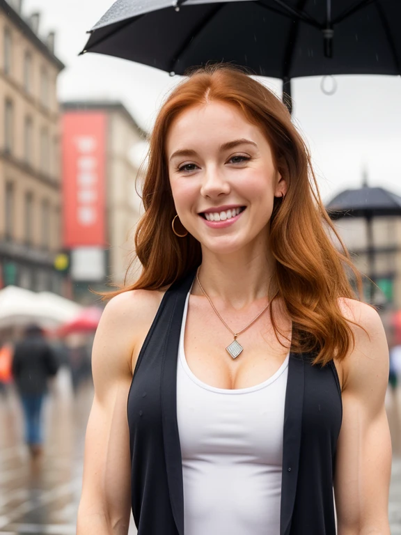 attractive welsh woman, ripped muscle, muscular body, pale skin, smile(blush), tanktop, thin necklace, [ultra detailed skin:1.2], ginger hair, long hair, 8k uhd, full body, stand, crowd, public, rain,