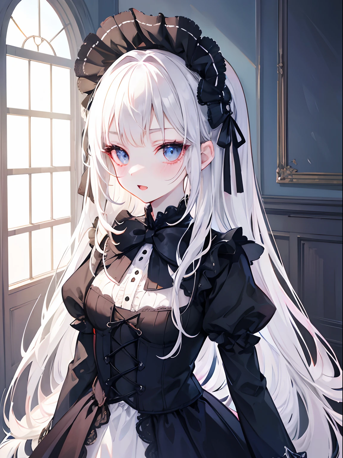 masutepiece, Highest Quality, (Perfect face:1.1), (high detailing:1.1), (ultradetailed eyes), Dramatic, superfine illustration, Extremely detailed, 1girl in, (pale skin), Ethereal eyes, (light eyebrow),blush,Solo, Smile, Open mouth,Medium White Hair, Braid ,Pouty lips,Cinematic lighting, Looking at Viewer, Cowboy Shot, Gothic ta, frilld, bow ribbon,Head dress, Black,a room