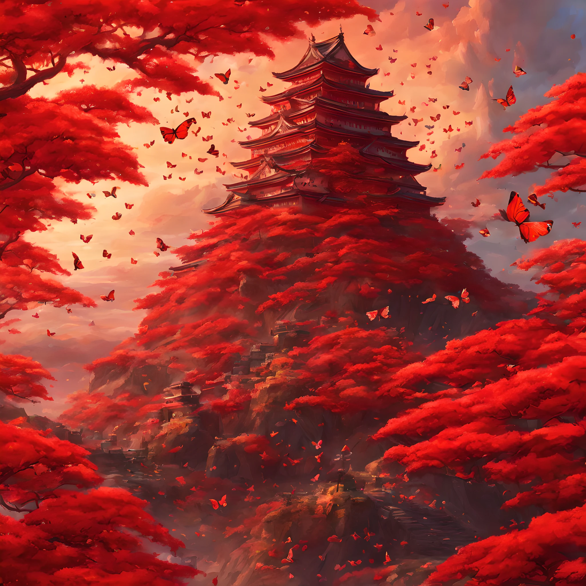 (digital pixel art:1.5),(red theme:1.5), (fantasy:1.5), (beautiful scenery:1.5),(landscapes:1.5),(colorful butterfly:1.5),(japanese castle inside:1.5),(burning field:1.5),(fantasy world:1.5),(Spiritual world:1.5),(scenic:1.5),(lots of flying red butterflies:1.5),(red theme:1.5), (fantastic illustration:1.5),(dynamic:1.3), (absurderes:1.5),(ultra_detailed:1.5),(delicate:1.5),(Detail on facial expressions:1.5),(best quality:1.5),(masterpiece:1.5),