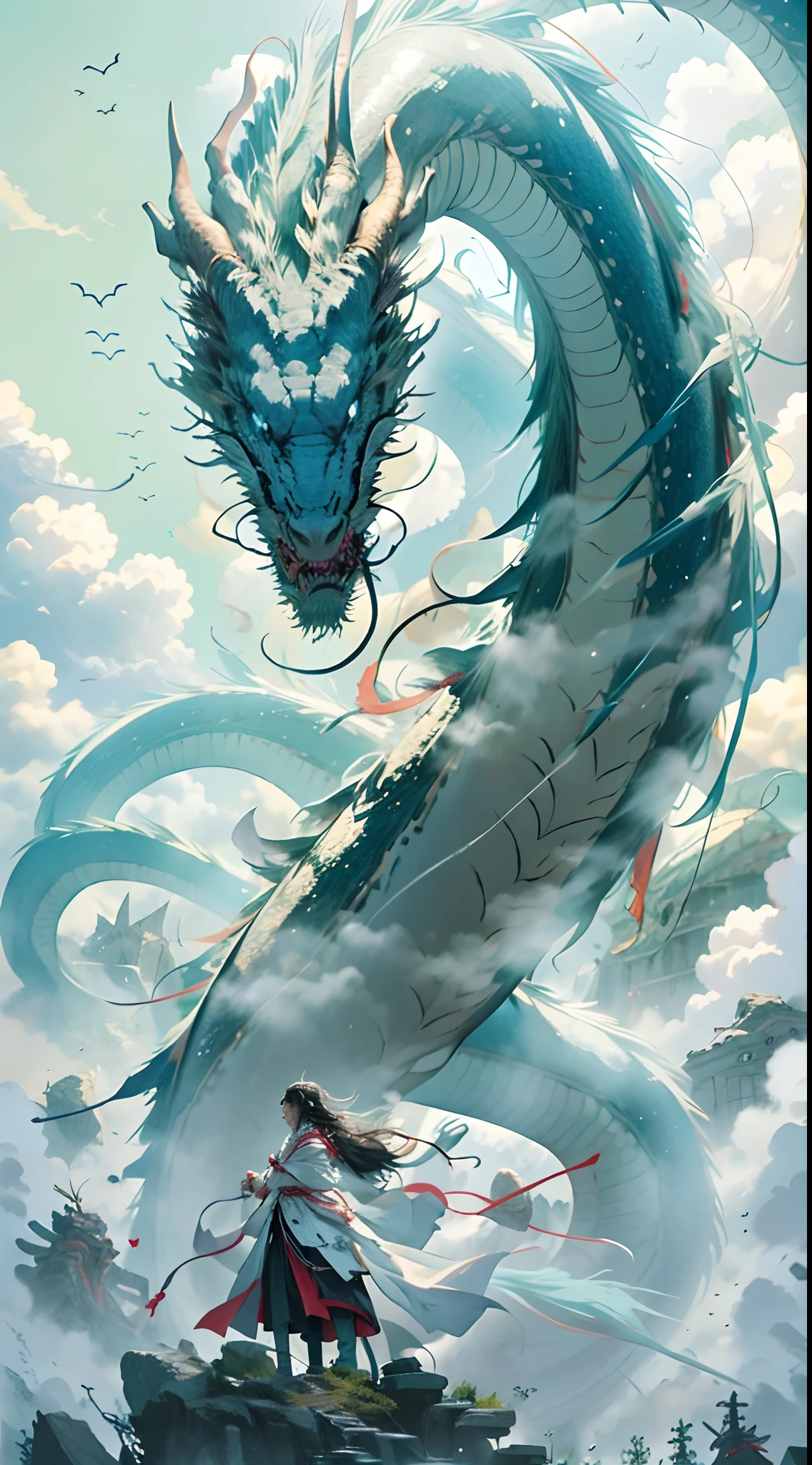 An amazing epic about ancient Chinese martial arts,A large white cloud in the shape of a dragon,A warrior stands in front of a huge and beautiful black dragon,baiyun,Black Dragon,Martial style,Long tassels,dragon claw,Dragon whiskers,dragon scale,largeeyes,in a panoramic view,low angles,Impact screen,dynamic expressiveforce,The shock of the movie,Luzes Realistas,vividness,with dynamism,8K,rich details,Artistic realism,hyper HD,beautifuldetails,3d effect,Face away from the camera,