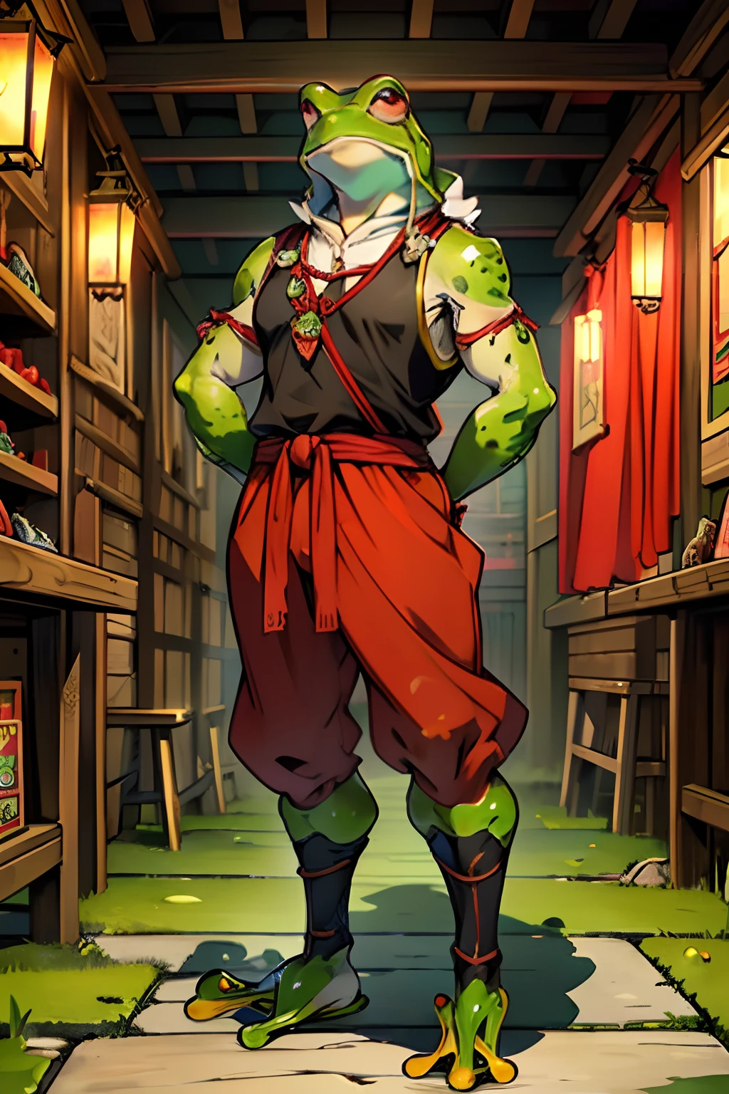 独奏, In the background is a medieval fantasy city, (Frog Arms:1.5), stands, (Humanoid frog red in color:1.4), Furry Frog, Frog erectus, Grung, fantasy, Small size, green skin, in full height, Resident's clothes, fantasy, Clothes of a medieval city dweller, (Fantasy Villager Clothing:1.2), D&D.