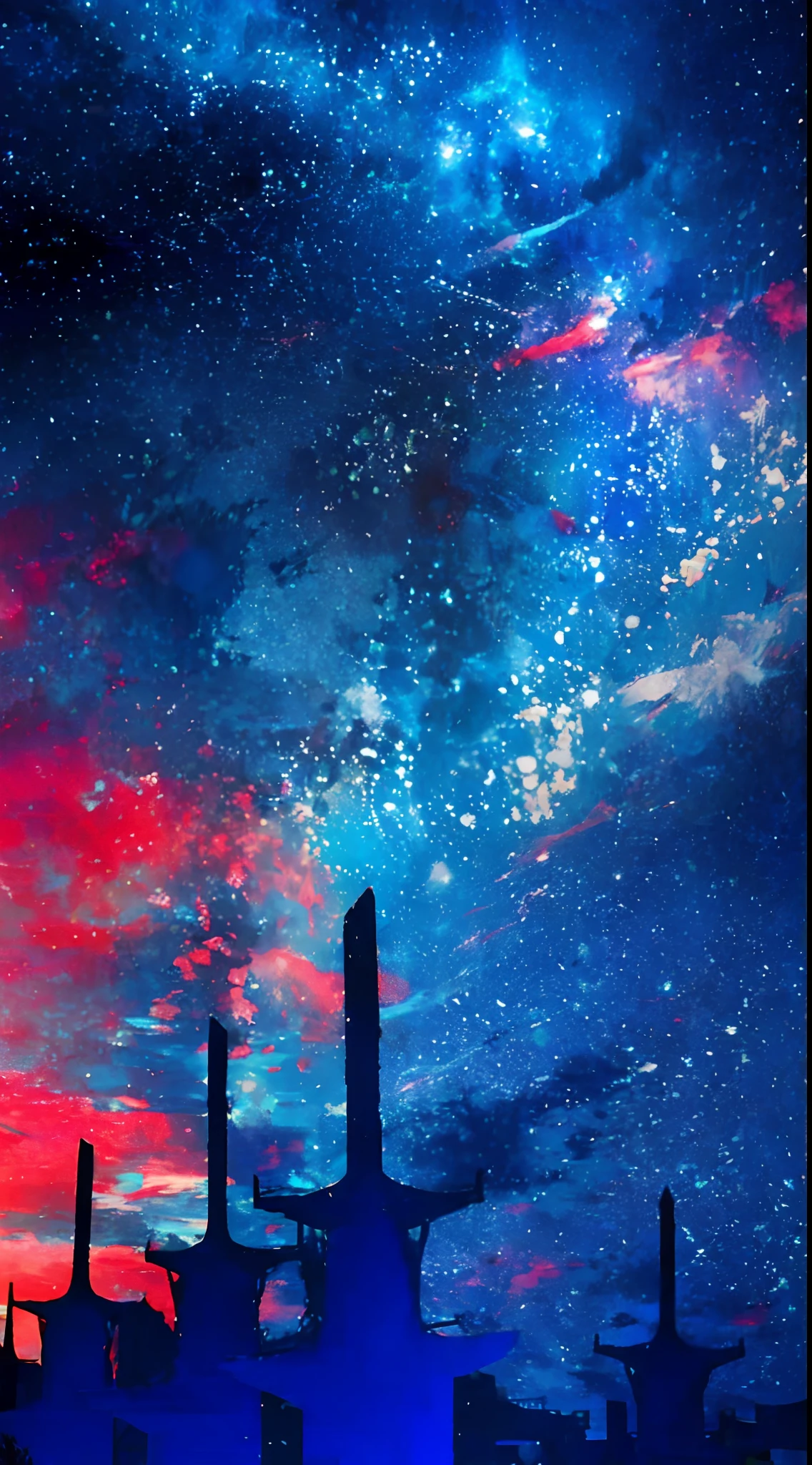 towers of god, blue towers, violet, blue, red, god, red sky, violet sky, starry sky, stars, starry towers, starry god, light blue, civilization, order