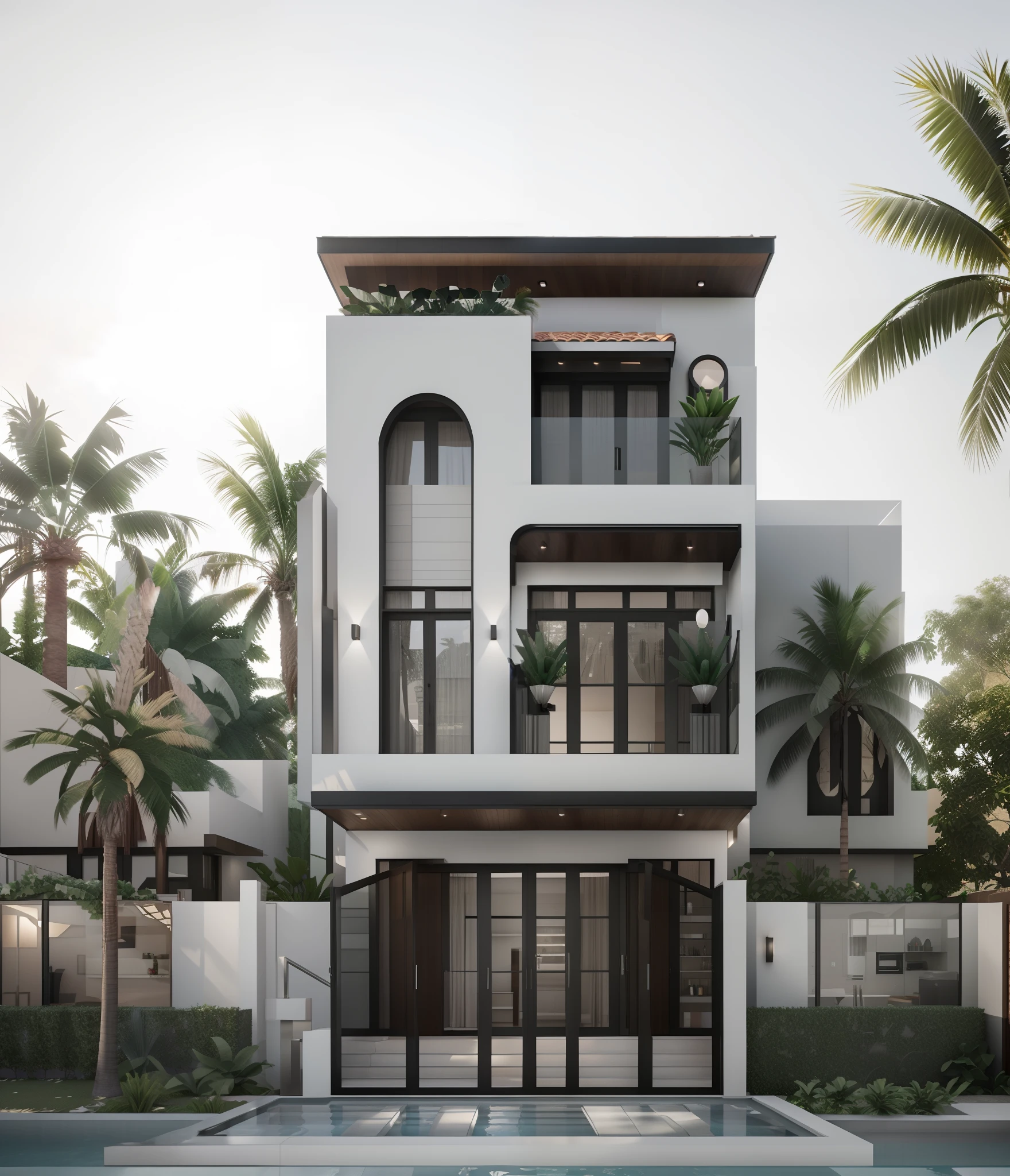 a rendering of a modern house with a lot of windows and a lot of palm trees, inter dimensional villa, exterior design, contemporary house, concept house, neotraditional modern, rich house, villa, modern house, residential design, residential, high quality rendering, architectural rendering, precise architectural rendering, mid-view, architectural visualization, overall architectural design, outside view