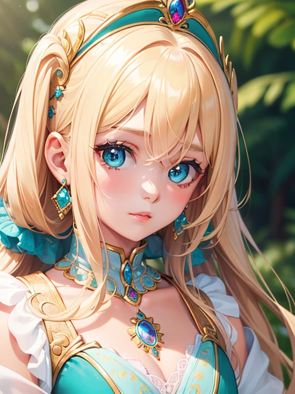 girl child, tmasterpiece，Highest image quality，Beautiful bust of a royal child，Delicate blonde hairstyle，Turquoise eyes，Decorated with dazzling intricate jewelry，super detailing，upscaled。
