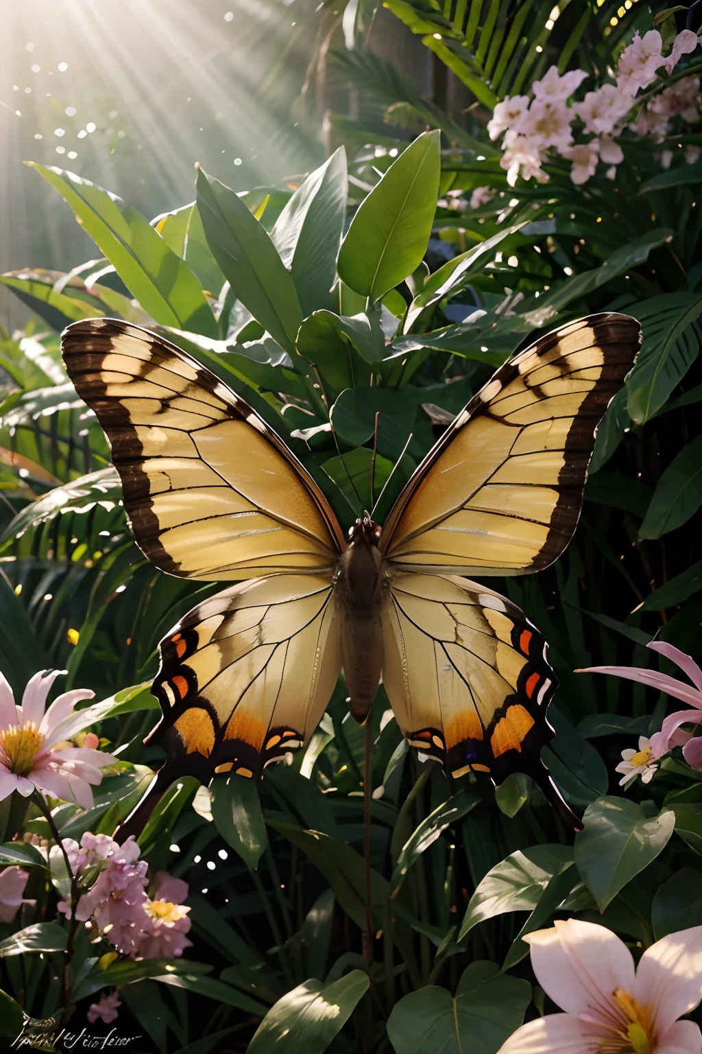 highres,realistic,butterfly,beautiful detailed wings,colorful,tropical garden,sunlight filtering through trees,delicate patterns,fluttering motion,nature,flowers in bloom,peaceful,tranquil setting,soft focus,ethereal,iridescent scales,gentle breeze,nectar-filled flowers,airy,graceful flight,enchanted,serene,harmonious atmosphere,beauty of nature,happiness,evoking joy,joyful vibrations,lively,majestic,graceful,mesmerizing,wonder of creation,poetry in motion,transcendent,awe-inspiring