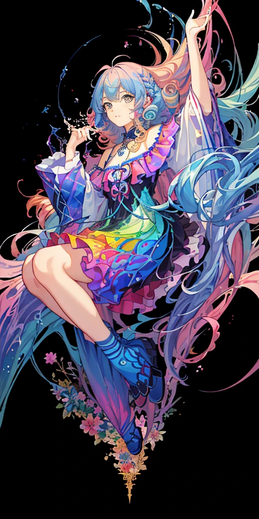 (​masterpiece、top-quality、top-quality、watercolor paiting(Curly)、Official art、Beautifully Aesthetic:1.2)、(1girl in:1.3)、(Fractal Art:1.3)、The upper part of the body、look up to、patterns、(rainbow-colored hair、colourful hair、Half blue and half pink hair:1.2)、Eau、liquids、云、colourfull、kosmos