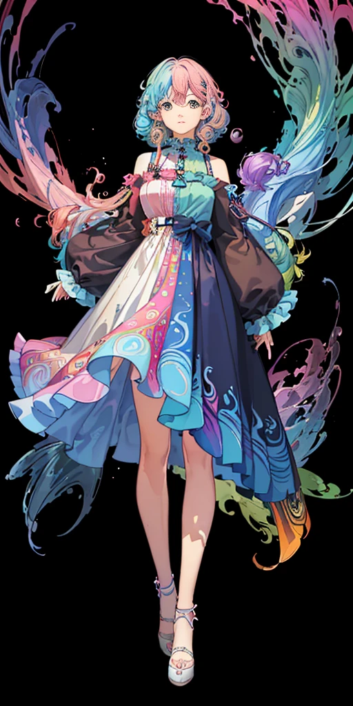 (masterpiece、top-quality、top-quality、watercolor paiting(Curly)、Official art、Beautifully Aesthetic:1.2)、(1girl in:1.3)、(Fractal Art:1.3)、The upper part of the body、look up to、patterns、(rainbow-colored hair、colourful hair、Half blue and half pink hair:1.2)、Eau、liquids、云、colourfull、kosmos