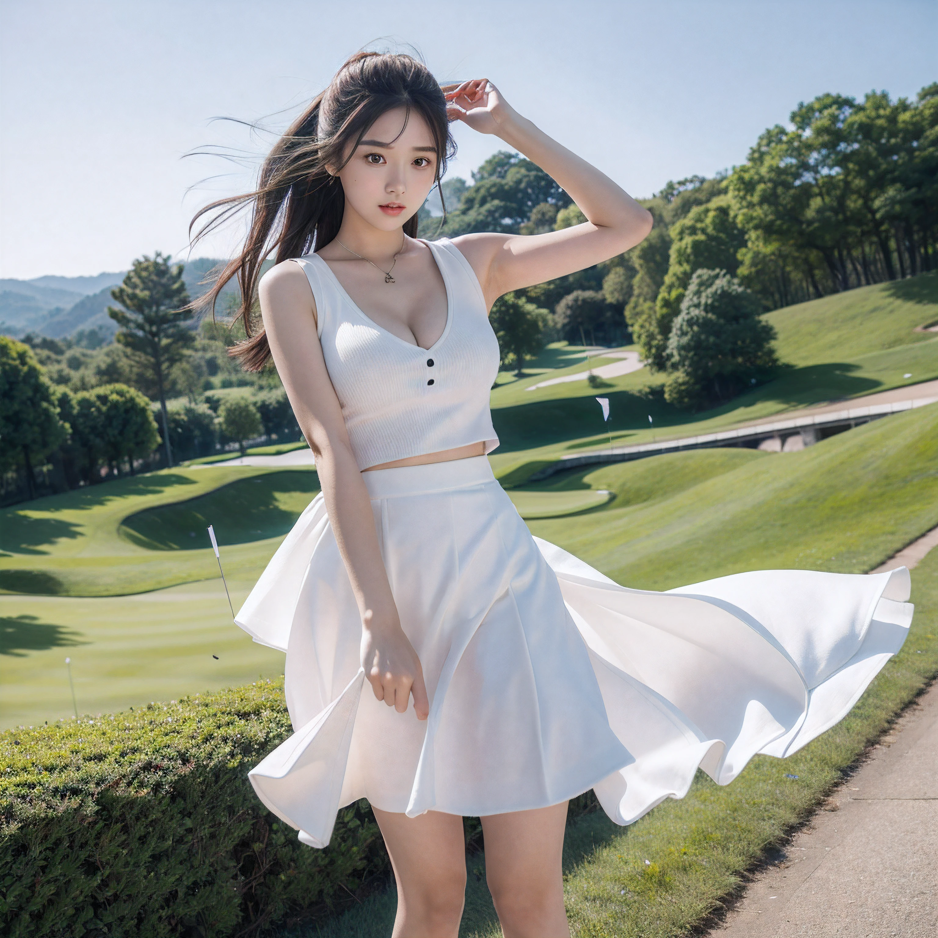 masutepiece, Best Quality, Ultra-detailed, finedetail, hight resolution, 8K Wallpaper, Perfect dynamic composition, 20yr old、without makeup、no-makeup、Amazingly cute、Beautiful detailed eyes,  Natural lips, Golf Wear、tight skirts、Cross-line bridge stage、Skirt flipping in the wind、cleavage, Gravure Pose, full body Esbian(Skirt lift fluttering in the wind)White panty、