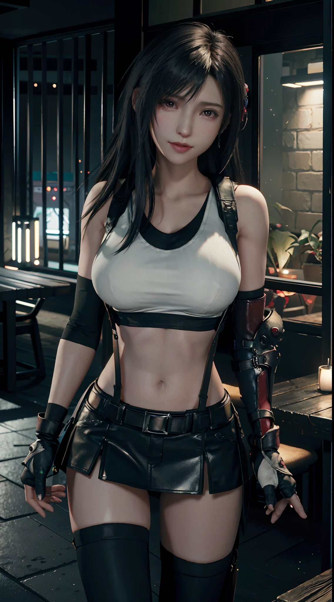 (8ｋ、highest quality、A masterpie:1.2)、(Realistic、photorealistic:1.3 Person 7)、Super Detailed、Girl 1 Mature Mature Woman Mature Woman Person、cutest、solo、、、、、、(tifa lockheart)、(big chest)、(((Huge boobs)))、(((Shift clothes to show bra)))、(((a black bra)))、(beautiful eye)、(smiling smile:1.2)、(Closed)、erotic pose、dance、neons、street scenery、and depth of field、Dark and strong shadows、Sharp focus、auto、motion blur、bike、and depth of field、composition、Glowing green light、Final Fantasy VII、tool、（nose blush）、Single Elbow Pad、Ankle Boots、dark black hair、black thigh、red boots、Elbow Gloves、Elbow pads、Fingerless Gloves、Taut Shirt、sports bra、（suspenders,,,,,）Black Skirt)、thights、white tank top、All over body、head rest、s lips、Facial、Low Tai Long Hair、(red_Ojo))、Yellow flowers、(night:1.3)、Complex、Bokeh、Cinematic Lighting、Photon mapping、Radiosity、physically based rendering、(Tetsuya Nomura Style)、NSFW、Perfect Breast