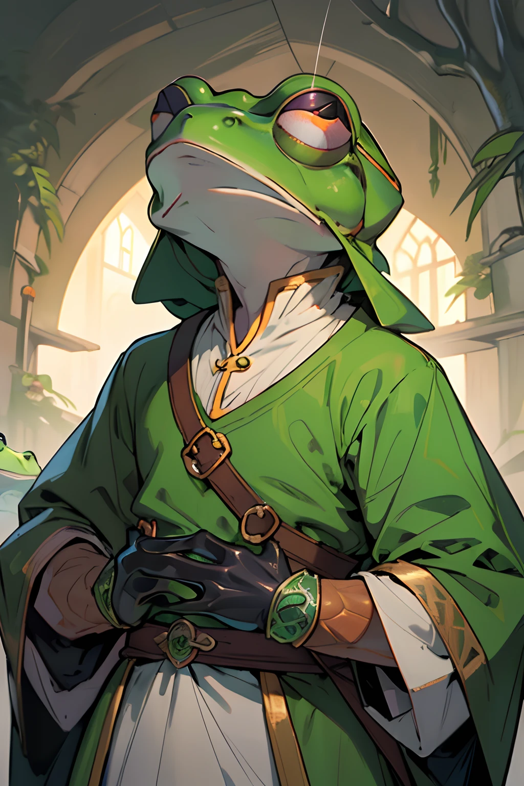 beste-Qualit, tmasterpiece, extra high resolution, 独奏, In the background is a medieval fantasy city, (Frog Arms:1.5), stands, (Humanoid frog:1.4), Furry Frog, Frog erectus, Grung, fantasy, Small size, green skin, in full height, Resident's clothes, fantasy, Clothes of a medieval city dweller, (Fantasy Villager Clothing:1.2), D&D, Depth of field, non-human, (dynamicpose:1.0),(centered, scale to fit the dimensions, the rule of thirds), hight resolution, sharp-focus, (((bright colours, A striking theme))), (Intricate), (Masterpiece), (Best Quality),((minimalism)).
