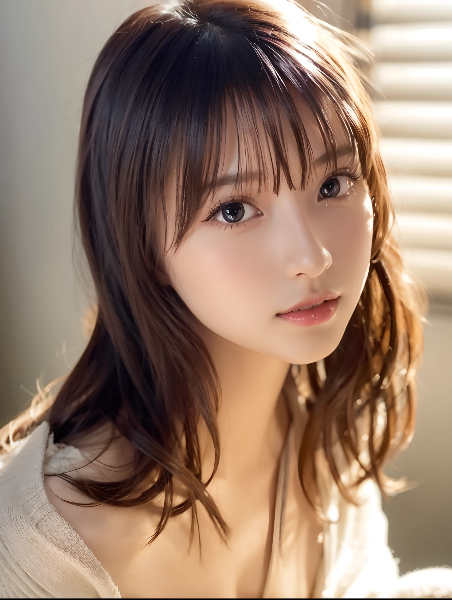 best quality, face focus, soft light, ultra high res, (photorealistic:1.4), RAW photo,
1japanese girl, solo, cute, (pupil, lights in the eyes),  detailed beautiful face, (small chest),(high resolution detail of human skin texture),
(long hair),
indoor,
Damask Shirt Dress,
(portrait)