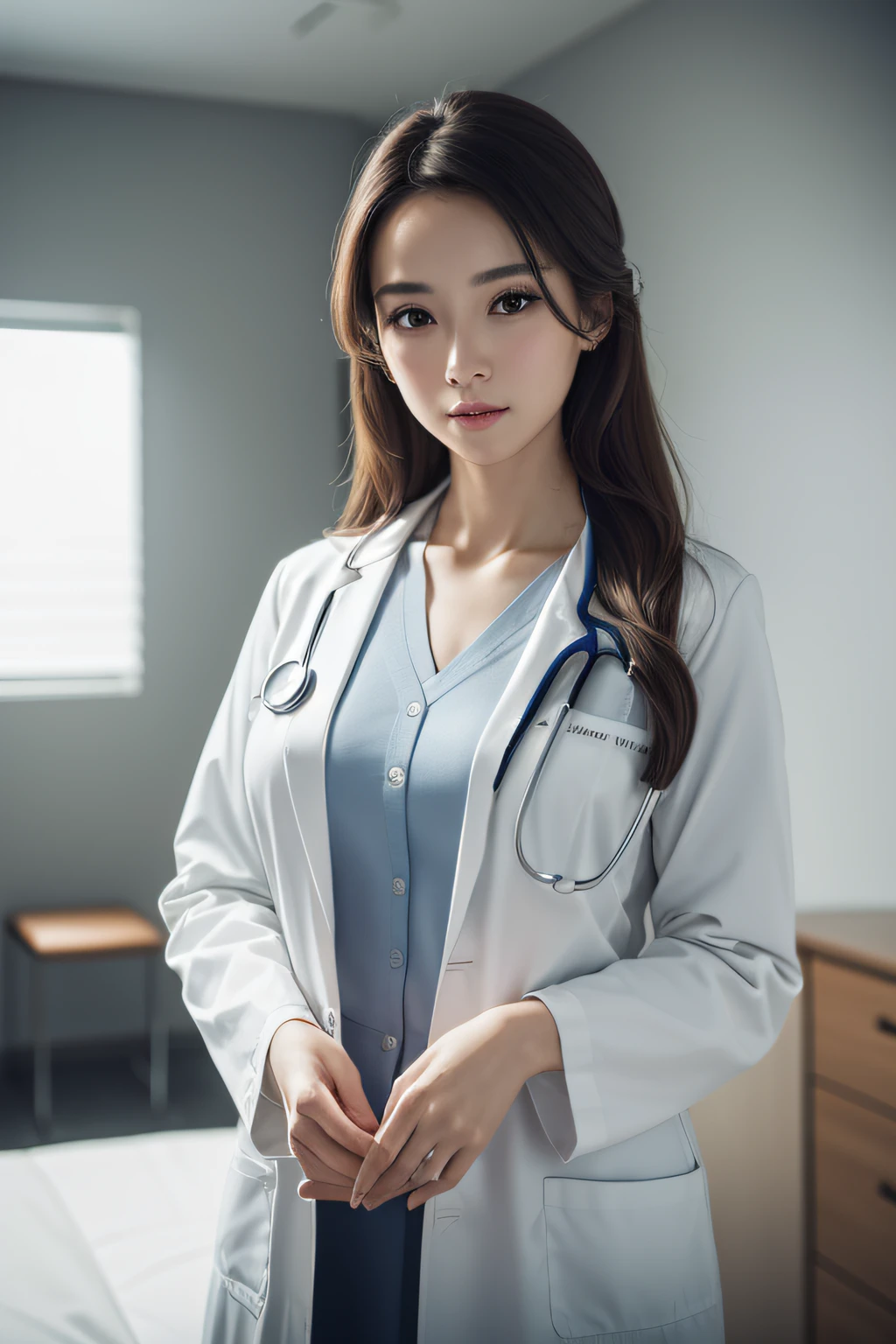 (RAW Photos, highest quality),masterpiece, Natural light, 1 girl, Smooth Hair、wear a lab coat over a scrub, Hospital examination room, Stethoscope,head shot