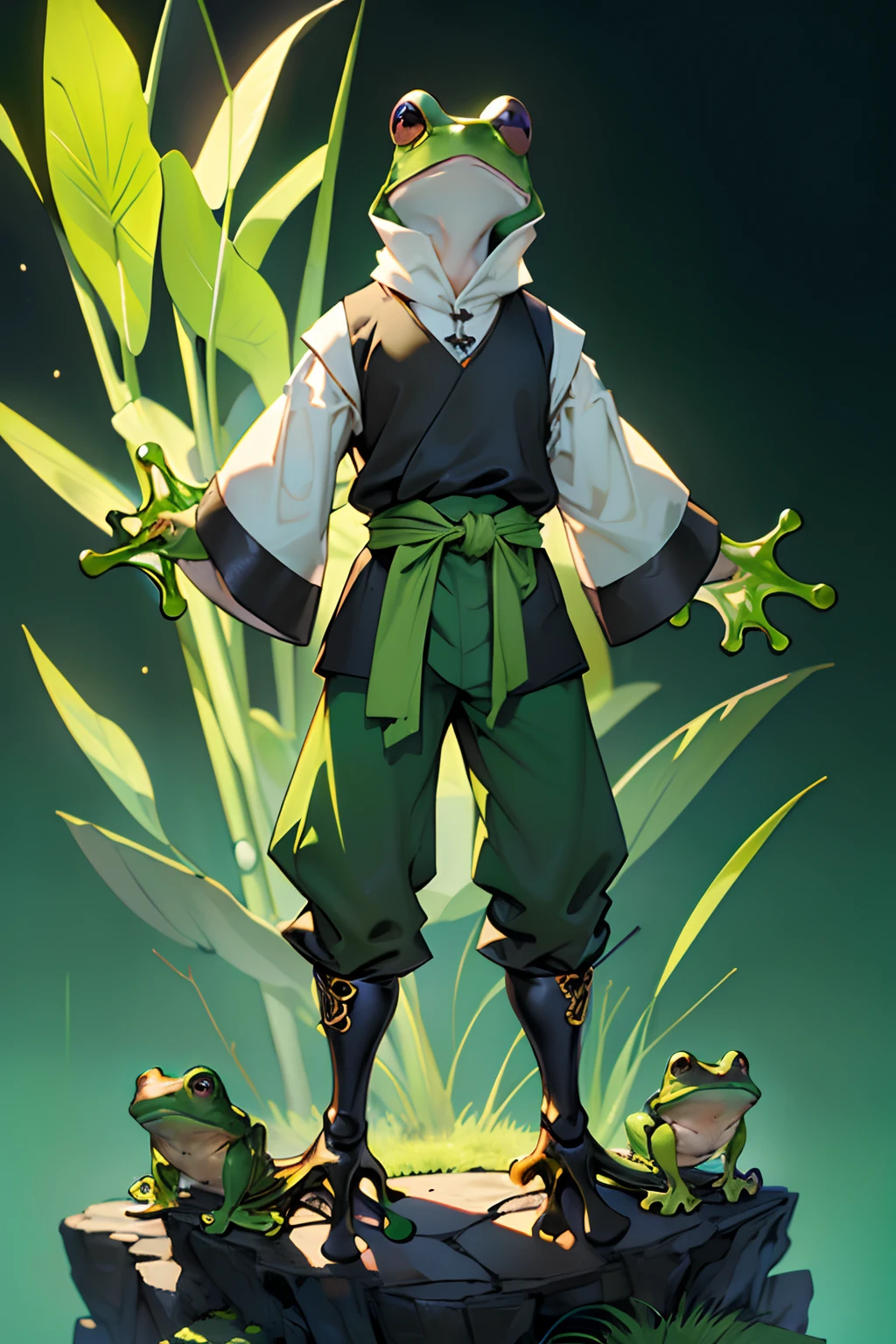 beste-Qualit, tmasterpiece, extra high resolution, 独奏, In the background is a medieval fantasy city, (Frog Arms:1.5), stands, (Humanoid frog:1.4), Furry Frog, Frog erectus, Grung, fantasy, Small size, green skin, in full height, Resident's clothes, fantasy, Clothes of a medieval city dweller, (Fantasy Villager Clothing:1.2), D&D, Depth of field, non-human, (dynamicpose:1.0),(centered, scale to fit the dimensions, the rule of thirds), hight resolution, sharp-focus, (((bright colours, A striking theme))), (Intricate), (Masterpiece), (Best Quality),((minimalism)).