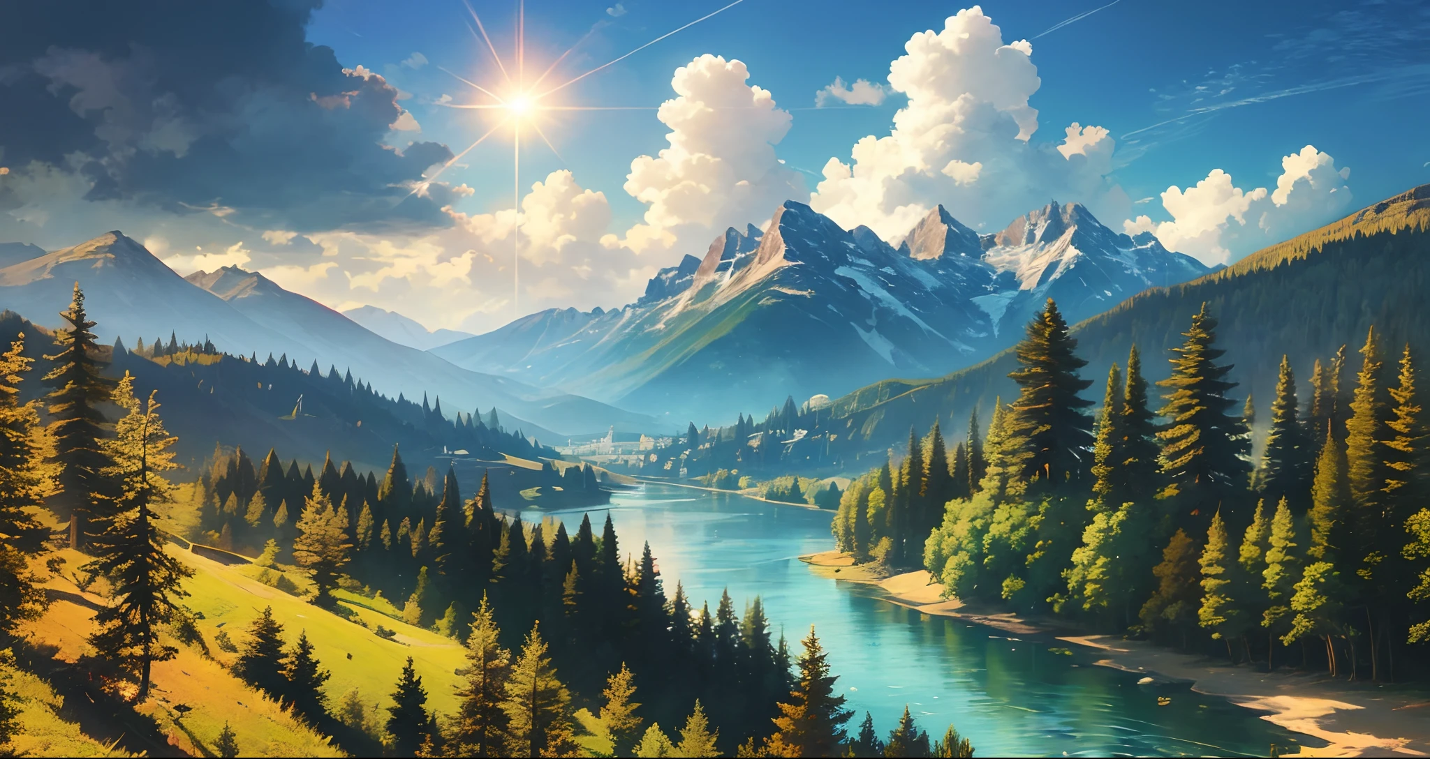 detailed background, masterpiece, best quality, scenery, mountains, river, forest, sun, day, clouds --auto --s2