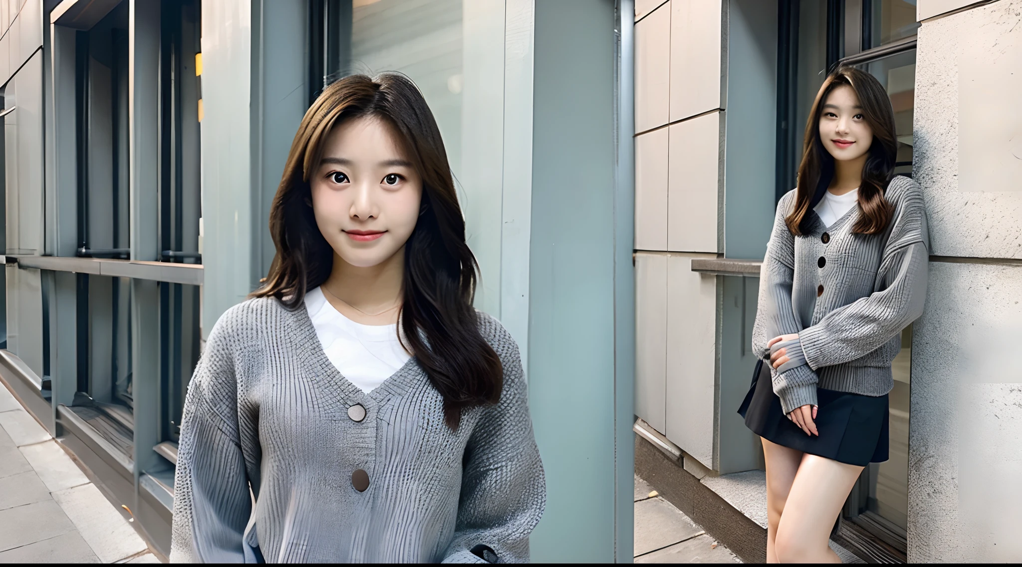 18-year-old female college student in gray miniskirt