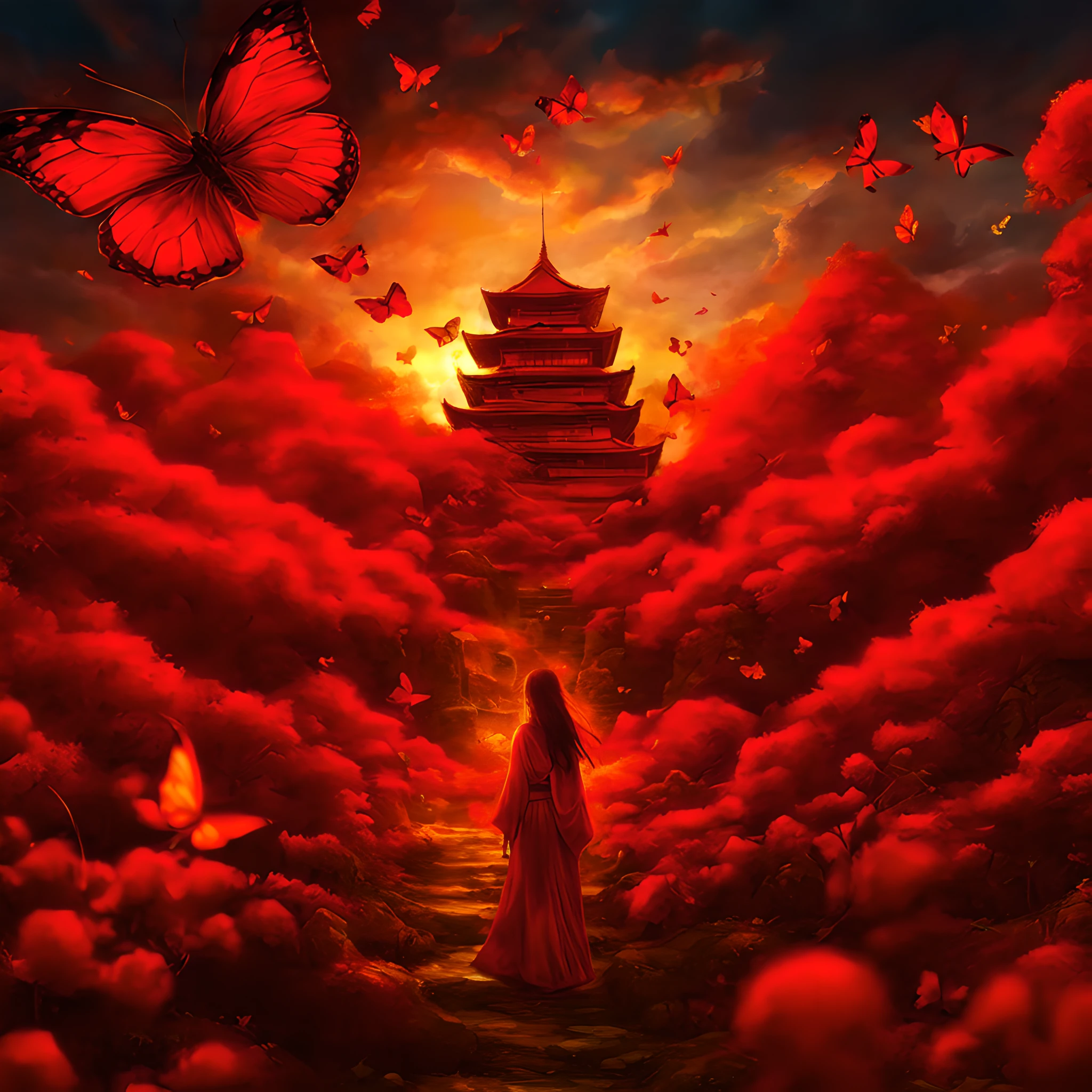 (digital pixel art:1.5),(red theme:1.5), (fantasy:1.5), (beautiful scenery:1.5),(landscapes:1.5),(colorful butterfly:1.5),(japanese castle inside:1.5),(burning field:1.5),(fantasy world:1.5),(Spiritual world:1.5),(scenic:1.5),(lots of flying red butterflies:1.5),(red theme:1.5), (fantastic illustration:1.5),(dynamic:1.3), (absurderes:1.5),(ultra_detailed:1.5),(delicate:1.5),(Detail on facial expressions:1.5),(best quality:1.5),(masterpiece:1.5),