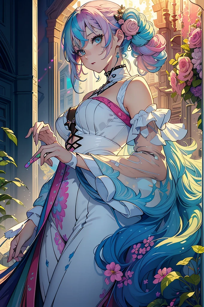 [Detailed illustrations,Art based on extremely ideal ???????,Very detailed and detailed drawing,Delicate lines with slow and rapid,Realistic texture expression],((Color tressed main line)),(Artwork of exceptional craftsmanship),(​masterpiece、top-quality、top-quality、watercolor paiting(Curly)、Official art、Beautifully Aesthetic:1.2)、(1girl in:1.3)、(Fractal Art:1.3)、The upper part of the body、look up to、patterns、(rainbow-colored hair、colourful hair、Half blue and half pink hair:1.2)、Eau、liquids、云、colourfull、kosmos,((More about beautiful hair)),((Perfectly proportioned)),(Design built to the highest level,((Advanced structural understanding of materials)),Ideal color coordination),((artistic décor)) ((High-density detail)),((detaileds,high-detail)),[(Ultra-precision detail),((multi-layer texture)),hightquality,hight resolution],((Accurate simulation of light-material interactions,Understanding Airflow,Mechanically correct representation)),((Visual art that conveys a sense of narrative)).