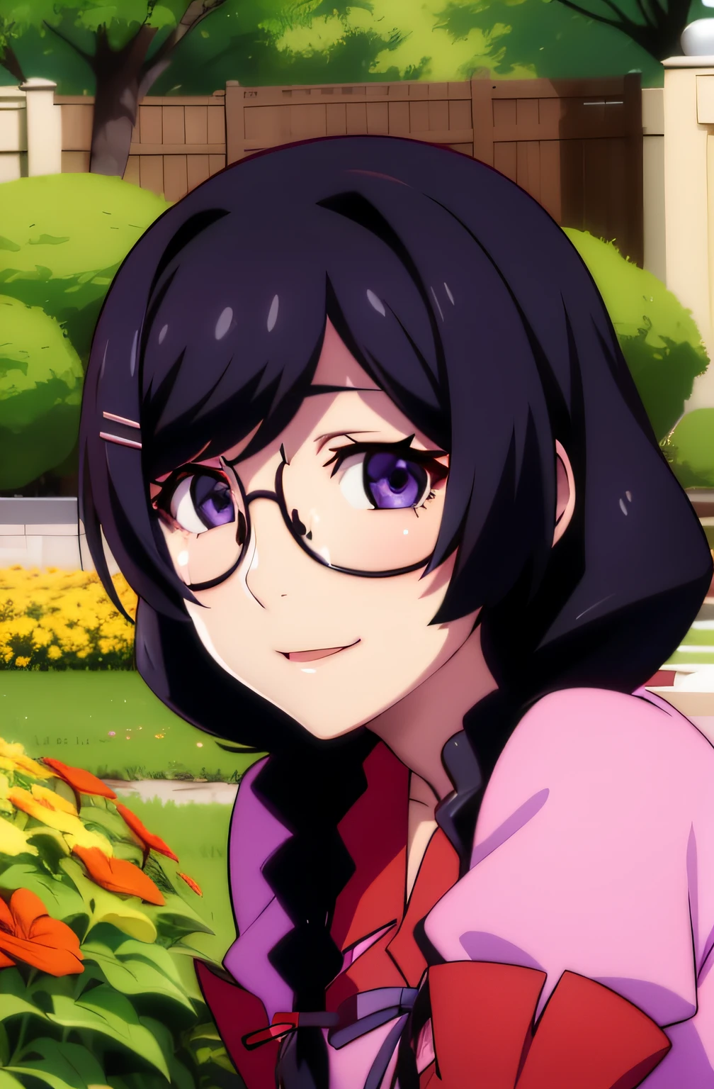 highres, 1girl, solo, looking at viewer, smile, hanekawa01, long hair, braid, twin braids, hair ribbon, glasses large breasts, skirt, black hair, pink shirt, hair ornament,school uniform, purple eyes, hairclip, short sleeves, naoetsu high school uniform, close up, sitting on the ground,  garden, trees,