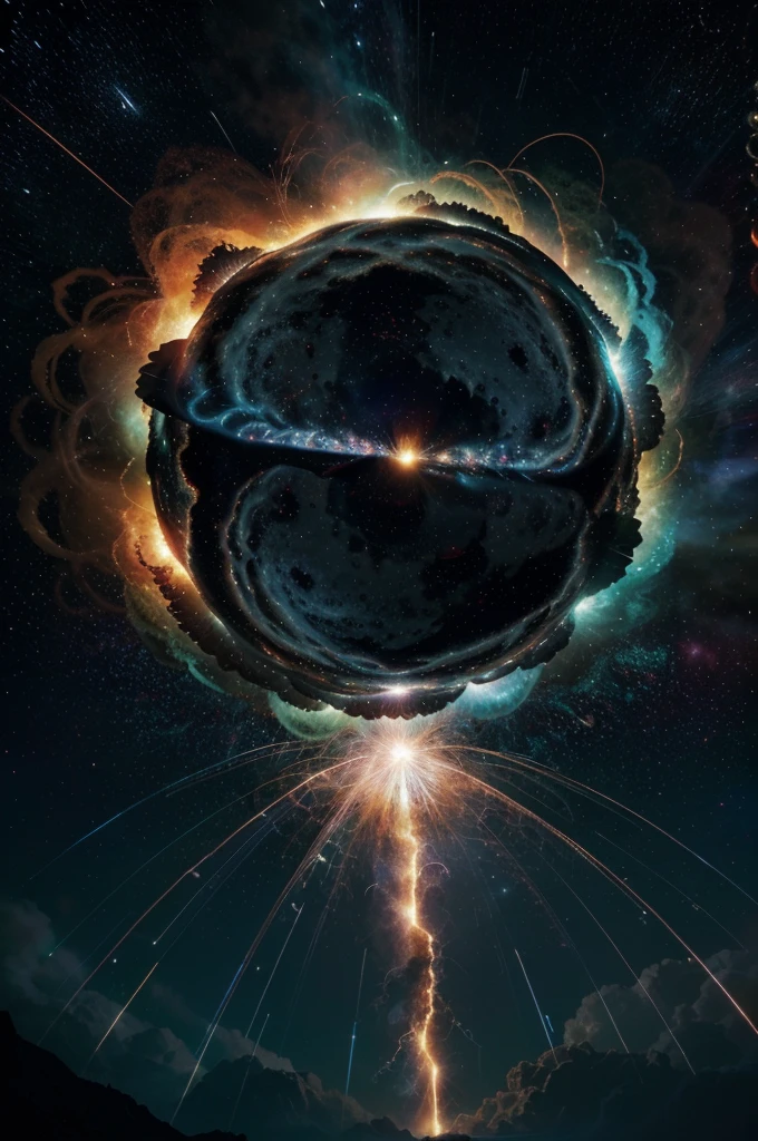 (best quality,4k,8k,highres,masterpiece:1.2),ultra-detailed,(realistic,photorealistic,photo-realistic:1.37),cosmic energy,surreal,fiery explosion of colors,celestial body,supernova,event horizon,interstellar dust,stellar nebula,massive explosion,romantic starry sky,universe in chaos,cosmic ballet of destruction,intense heat and light,vibrant and dynamic,gigantic intergalactic burst,dying star emits its final brilliance,twisting and swirling plasma,chaotic cosmic dance,fluid and fluid-like motion,ethereal and otherworldly,mesmerizing and captivating,constellations and galaxies collide and merge,cosmic debris scattered into space,interplay of light and darkness,stellar remnants glowing with intense beauty,dramatic and sublime,starry scene filled with explosive energy,cosmic fireworks in the dark void,ephemeral and transient spectacle,nebulous and dreamlike,cosmic cataclysm unfolding before your eyes,luminous and radiant,painting the universe with its dying breath.