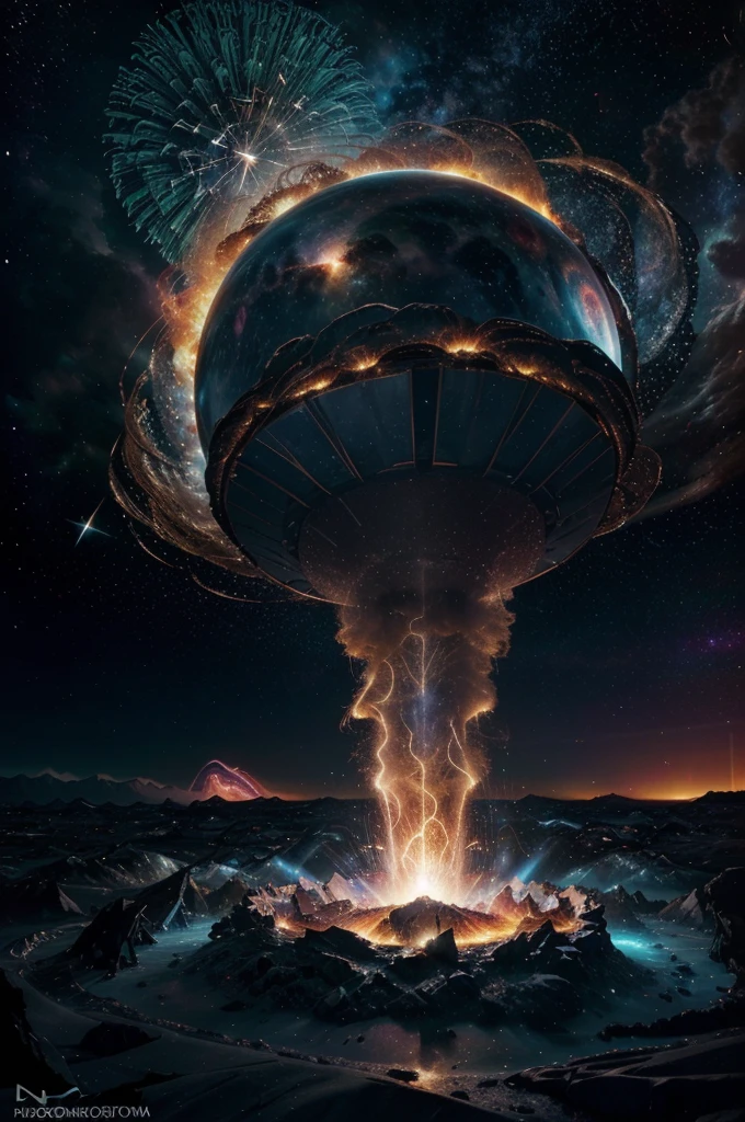 (best quality,4k,8k,highres,masterpiece:1.2),ultra-detailed,(realistic,photorealistic,photo-realistic:1.37),cosmic energy,surreal,fiery explosion of colors,celestial body,supernova,event horizon,interstellar dust,stellar nebula,massive explosion,romantic starry sky,universe in chaos,cosmic ballet of destruction,intense heat and light,vibrant and dynamic,gigantic intergalactic burst,dying star emits its final brilliance,twisting and swirling plasma,chaotic cosmic dance,fluid and fluid-like motion,ethereal and otherworldly,mesmerizing and captivating,constellations and galaxies collide and merge,cosmic debris scattered into space,interplay of light and darkness,stellar remnants glowing with intense beauty,dramatic and sublime,starry scene filled with explosive energy,cosmic fireworks in the dark void,ephemeral and transient spectacle,nebulous and dreamlike,cosmic cataclysm unfolding before your eyes,luminous and radiant,painting the universe with its dying breath.