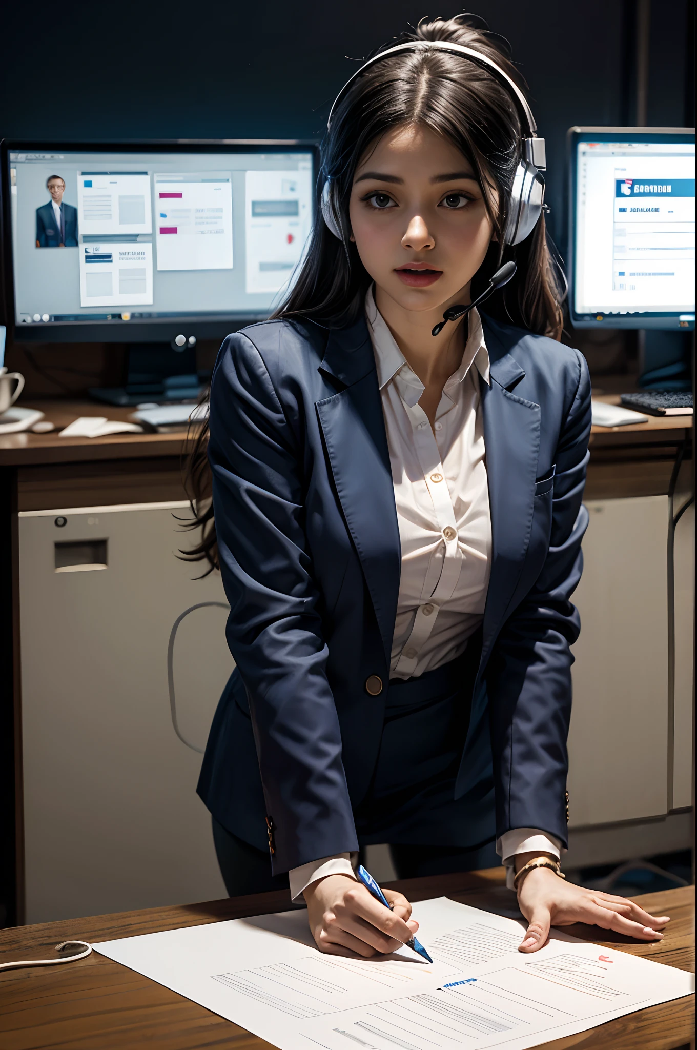 Create a realistic poster for a telephone answering competition, featuring a hyper-realistic illustration of a woman of South Asian descent in a business suit, seated at a desk with a wireless headset and a notebook PC. The poster should depict her in a moment of focused competition with a vibrant, enthusiastic audience in the background. Some audience members are holding banners and digital devices, cheering on the competitors. The setting is modern and professional, with a lively atmosphere suitable for an energetic event. Leave space on the poster for future text without any current inscriptions.