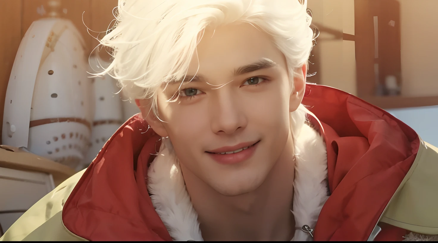 A man with realistic white hair, exactly the same hairstyle, realistic white eyebrows, realistic handsome face, realistic smiling expression,Adapt exact clothing, realistic light, realistic shadows, realistic background