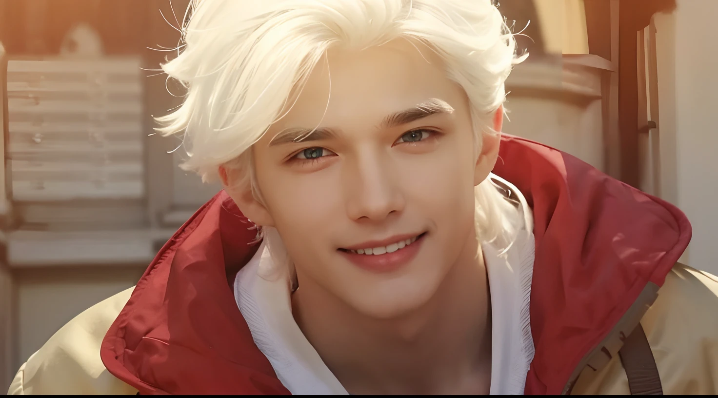 A man with realistic white hair, exactly the same hairstyle, realistic white eyebrows, realistic handsome face, realistic smiling expression,Adapt exact clothing, realistic light, realistic shadows, realistic background