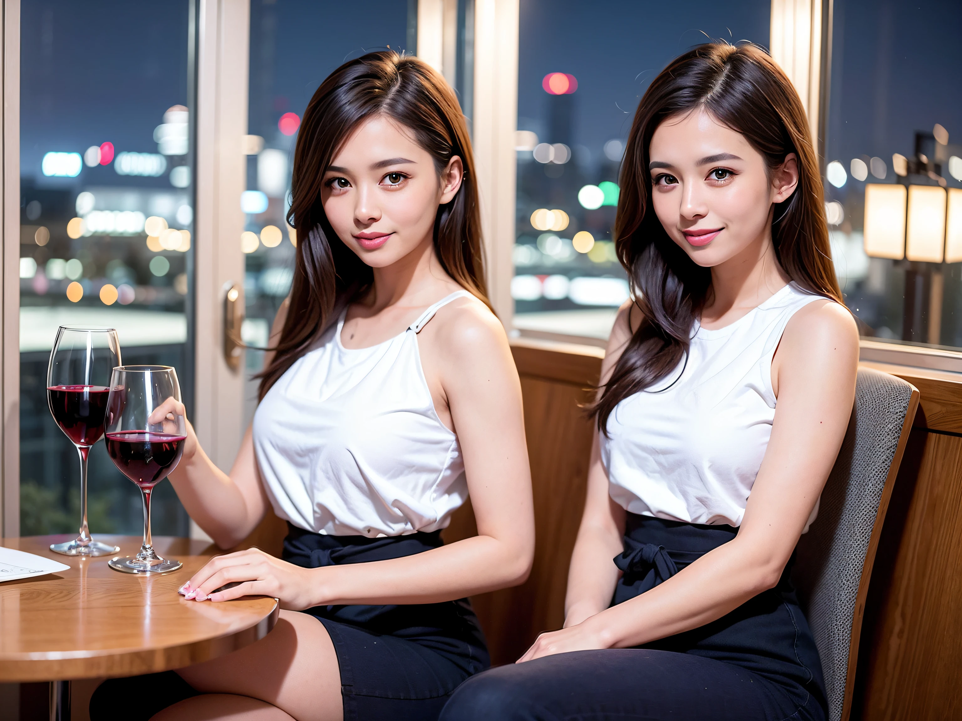 (64K, UHD, top quality, masterpiece: 1.2), (realistic, photorealistic: 1.37), super detailed, pretty woman 1 person, (slim face), (slim body), (brown hair), (short cut), cheeks slightly blushing, (42 years old), 38 years old, solo, beautiful detailed urban night view outside the window, restaurant, wine glasses sit, night, in a prominent place (from the waist up) NovaFrogStyle, Actress, Model, Waist Up, White Wine, Slim, Wine Glass, Super Clean Night View, Wine Glass Put in the Middle, Happy Smile, (Smile: 1.15), Beautiful Fine Eyes, Upper Body, Bust Japan Up, Night, Short, Short, Actress, Model, Waist Up, White Wine, Slim, Wine Glass, Super Clean Night View, Wine Glass Put in the Middle, Happy Smile,