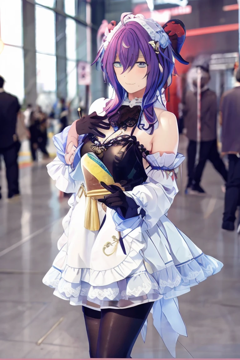 long hair, mole under mouth, purple hair, single braid, hair between eyes, aqua eyes, ahoge,blush, {{masterpiece, best quality, extremely detailed CG, unity 8k wallpaper, cinematic lighting, lens flare}},(goat horns:1.2),(black gloves:1.2),ganyu french maid,Blue and white cheongsam,qipaoganyu,pantyhose,(looking at viewer:1.2),blue eyes,black dress,wide view,cosplay,ganyu_(cosplay),thick body,chinese clothes