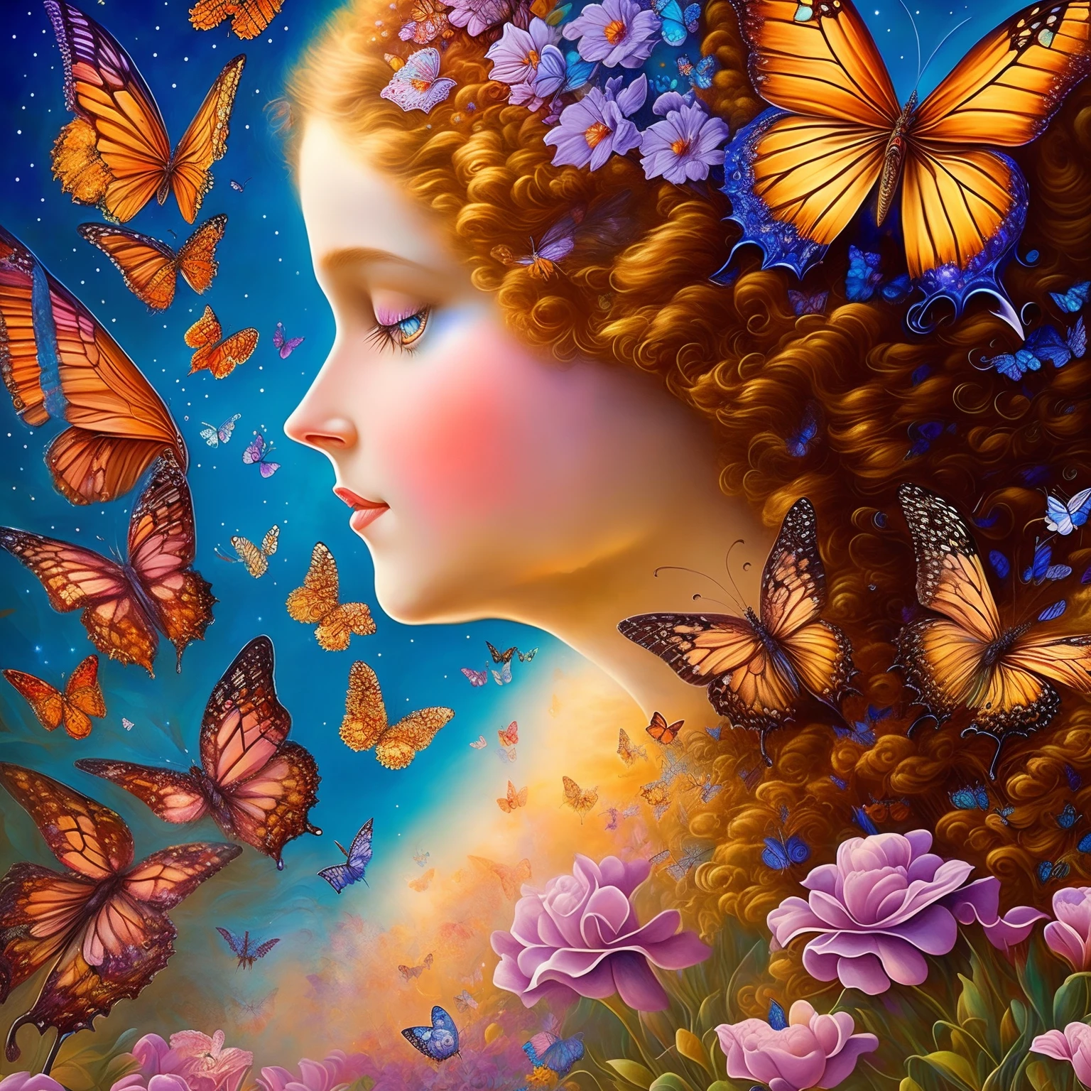 by Josephine Wall, a swarm of butterflies, 1 girl, profile melting into butterflies, double exposure, scenery, dreamlikeart