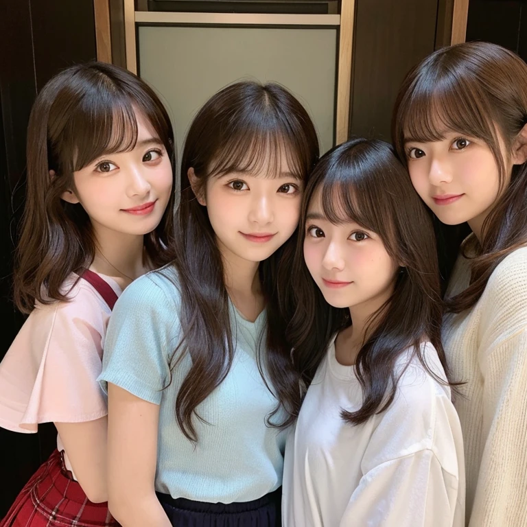 portrait of a japanese teen, 4 girls, in group photograph、(Best Quality,4K,8K,hight resolution,masutepiece:1.2),Ultra-detailed,(Realistic,Photorealistic,Photorealsitic:1.37), cute-style,dian,Dribbling High Detail 8K,Studio Lighting - V 6, Real life girls, Random cute skirts,Random cute clothes, Random faces, Random curly hair