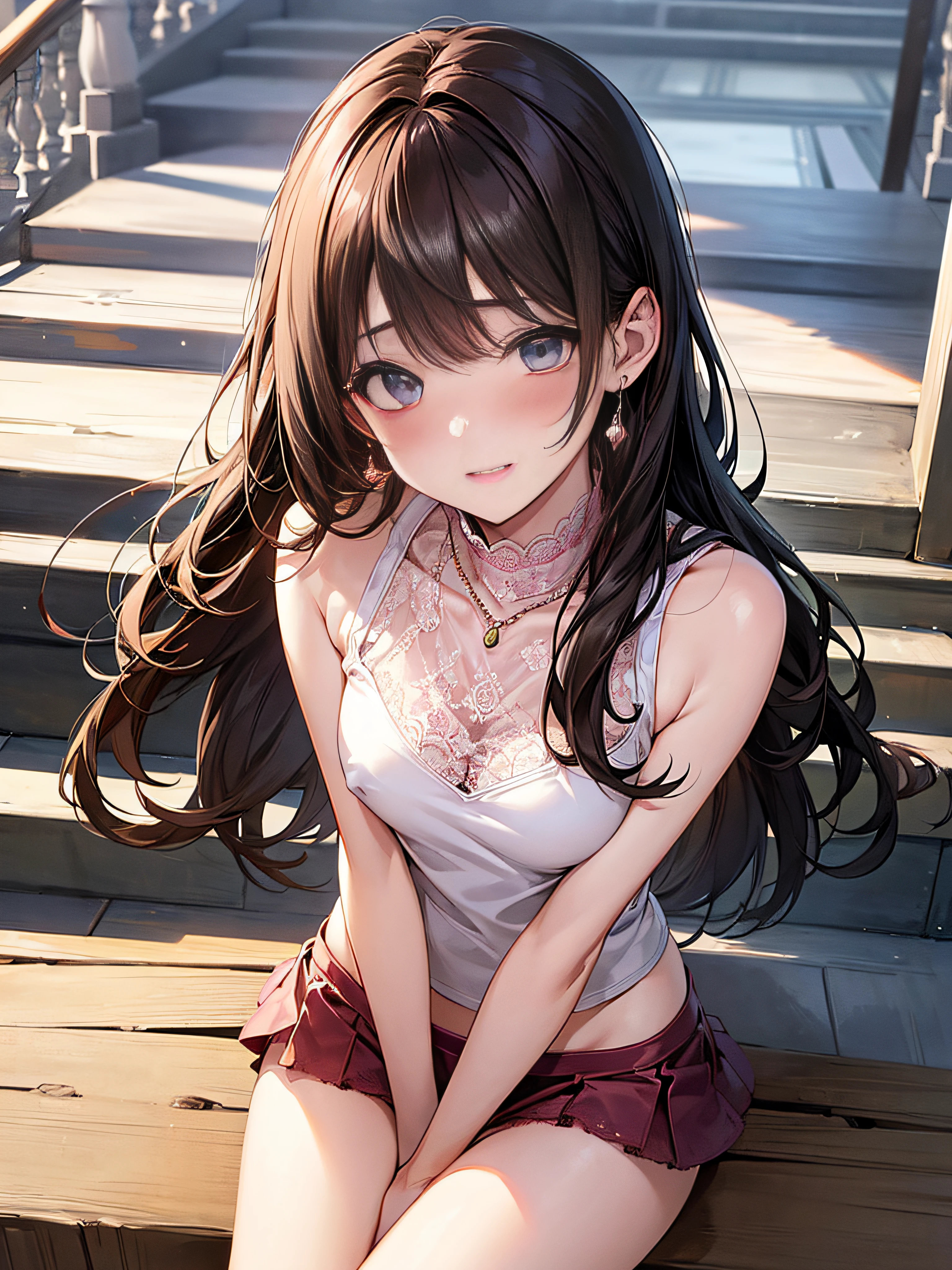 photorealisim、top-quality、超A high resolution、a picture、Extraordinary beautiful girl、Highlights of cheek luster、Detailed cute and beautiful face、(pureerosface_v1:0.008)、Beautiful bangs、Glowing white shiny skin、Bangs between the eyes、shiny and beautiful hair、Silky hair、finer hair、High-definition eyes、Beautiful, Bright and clear, Small eyes、eye liner、Double eyelids、Full body like、red blush、embarrassed from、shiny little necklace and earrings, shiny lips: 1.4, (Shy laughter)、Kamimei、red blush、Tears are embarrassing、(Turtleneck knitwear)、((Denim Mini Skirt))、((Pink lace panties))、((Open knees))、((open one's legs))、((Disheveled clothes))、((Dressing))、Puffy nipple、Neat and clean female 20-year-old female teacher、Brown hair, bangs flowing diagonally, Medium Wave Long Hair, Blue eyes, Big breasts, (sit on stairs)