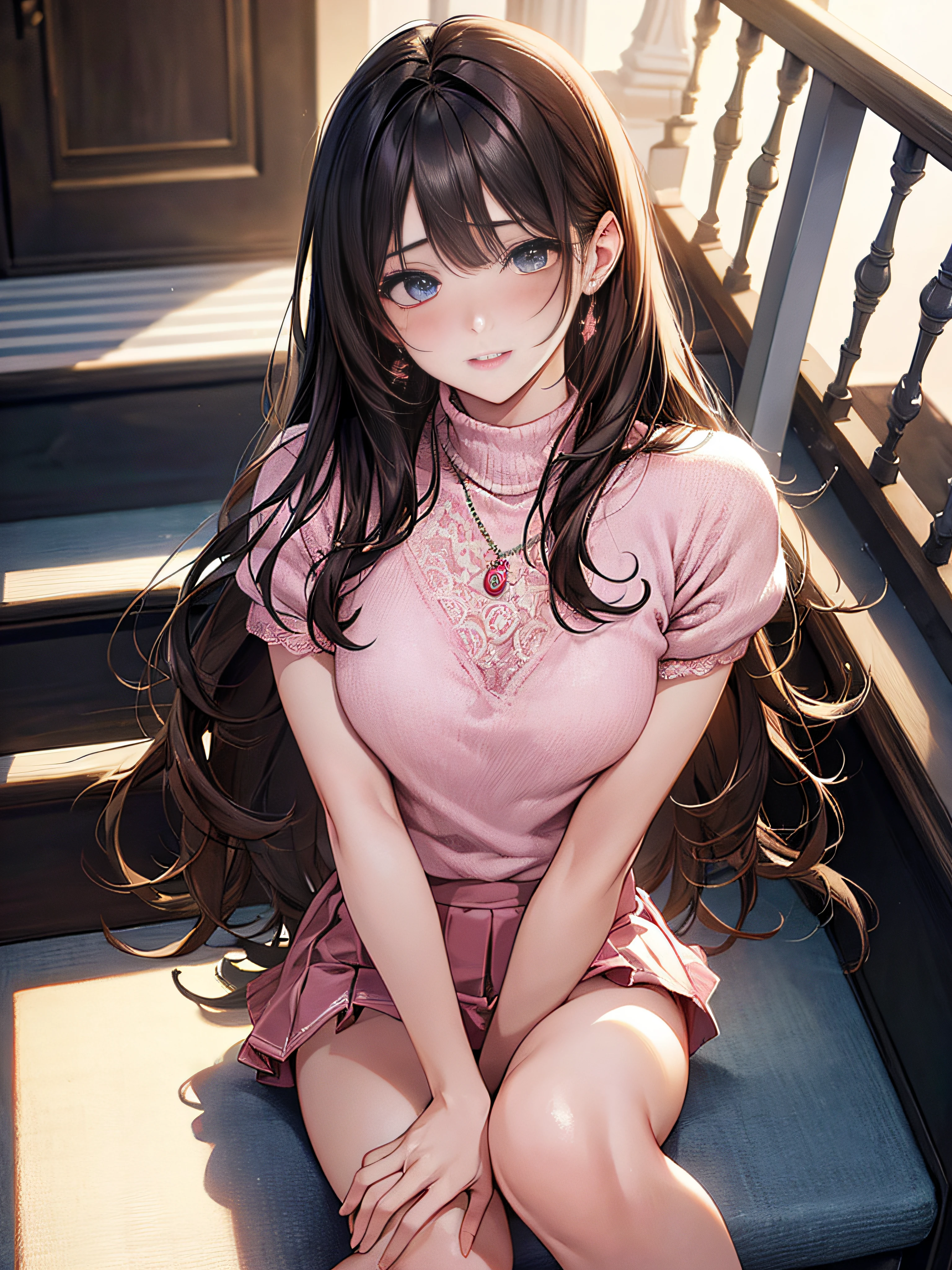 photorealisim、top-quality、超A high resolution、a picture、Extraordinary beautiful girl、Highlights of cheek luster、Detailed cute and beautiful face、(pureerosface_v1:0.008)、Beautiful bangs、Glowing white shiny skin、Bangs between the eyes、shiny and beautiful hair、Silky hair、finer hair、High-definition eyes、Beautiful, Bright and clear, Small eyes、eye liner、Double eyelids、Full body like、red blush、embarrassed from、shiny little necklace and earrings, shiny lips: 1.4, (Shy laughter)、Kamimei、red blush、Tears are embarrassing、(Turtleneck knitwear)、((Denim Mini Skirt))、((Pink lace panties))、((Open knees))、((open one's legs))、((Disheveled clothes))、((Dressing))、Puffy nipple、Neat and clean female 20-year-old female teacher、Brown hair, bangs flowing diagonally, Medium Wave Long Hair, Blue eyes, Big breasts, (sit on stairs)