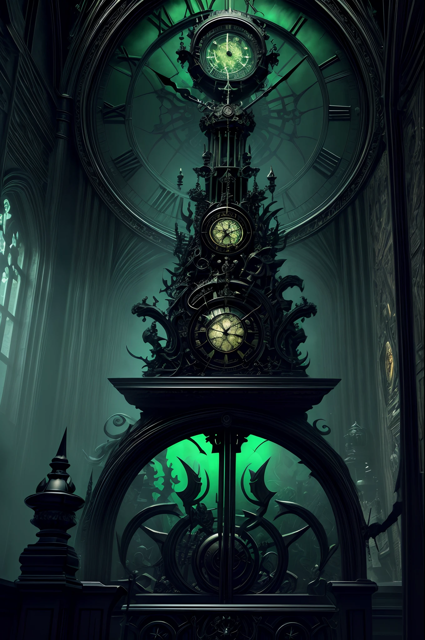 Prompt: giant pendulum clock supported by demon sculptures, 3D game asset, death-themed art, skull pendulum, green phosphorescent fire, hellish landscape, detailed demon figures, Gothic architecture, ornate clock face, dark and ominous ambiance, (sinister, foreboding atmosphere:1.1), high-quality 3D rendering, eerie green lighting, (best quality,4k,8k,highres,masterpiece:1.2),ultra-detailed,(realistic,photorealistic,photo-realistic:1.37), intricate stonework, surreal fantasy art, digital game art